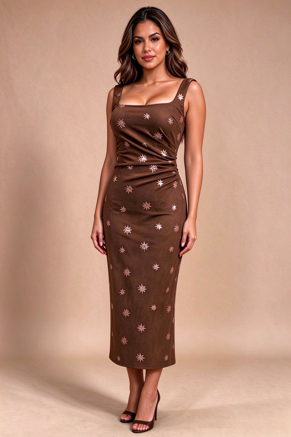 Q26 Star Embellished Column Suede Dress