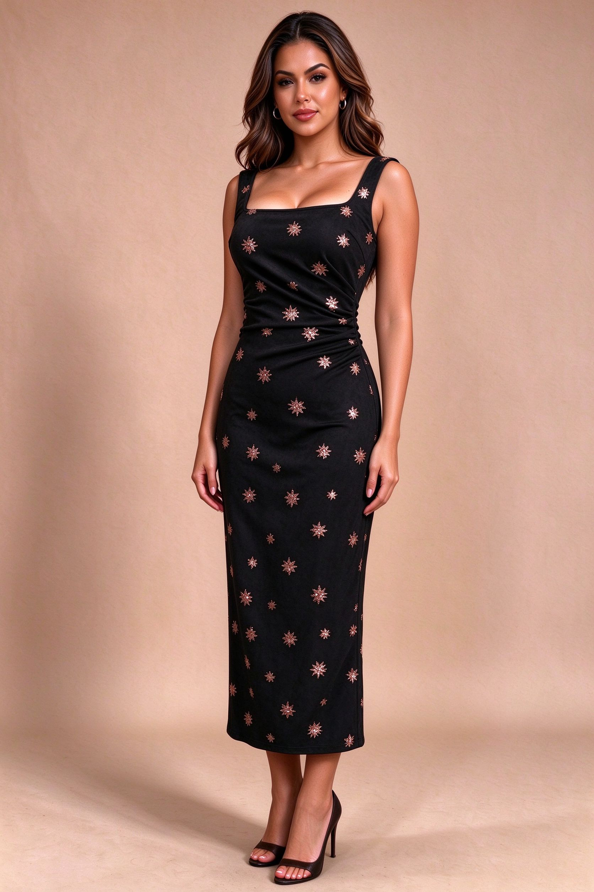Q26 Star Embellished Column Suede Dress