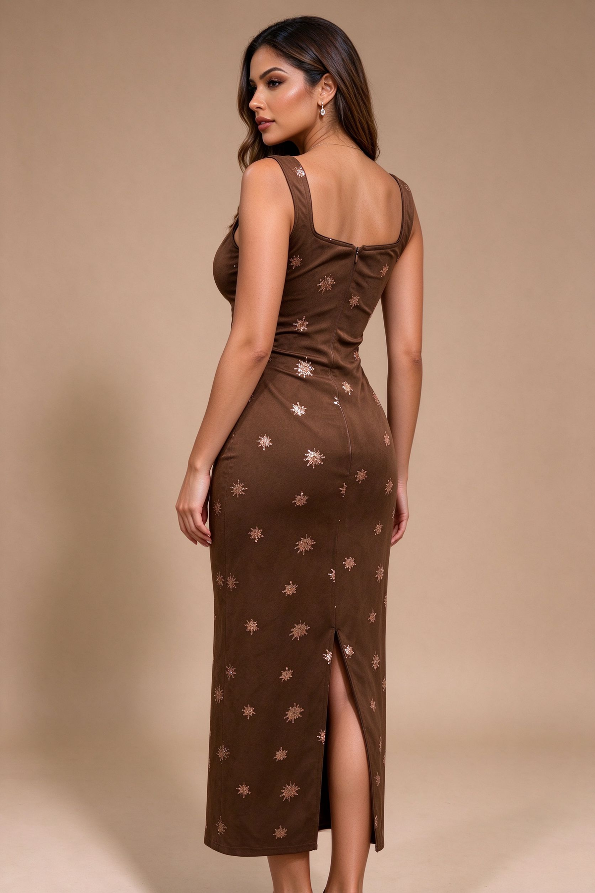 Q26 Star Embellished Column Suede Dress