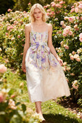 Q25 Floral Linen Corset Midi Dress