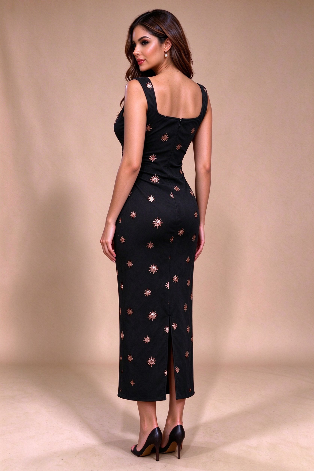 Q26 Star Embellished Column Suede Dress