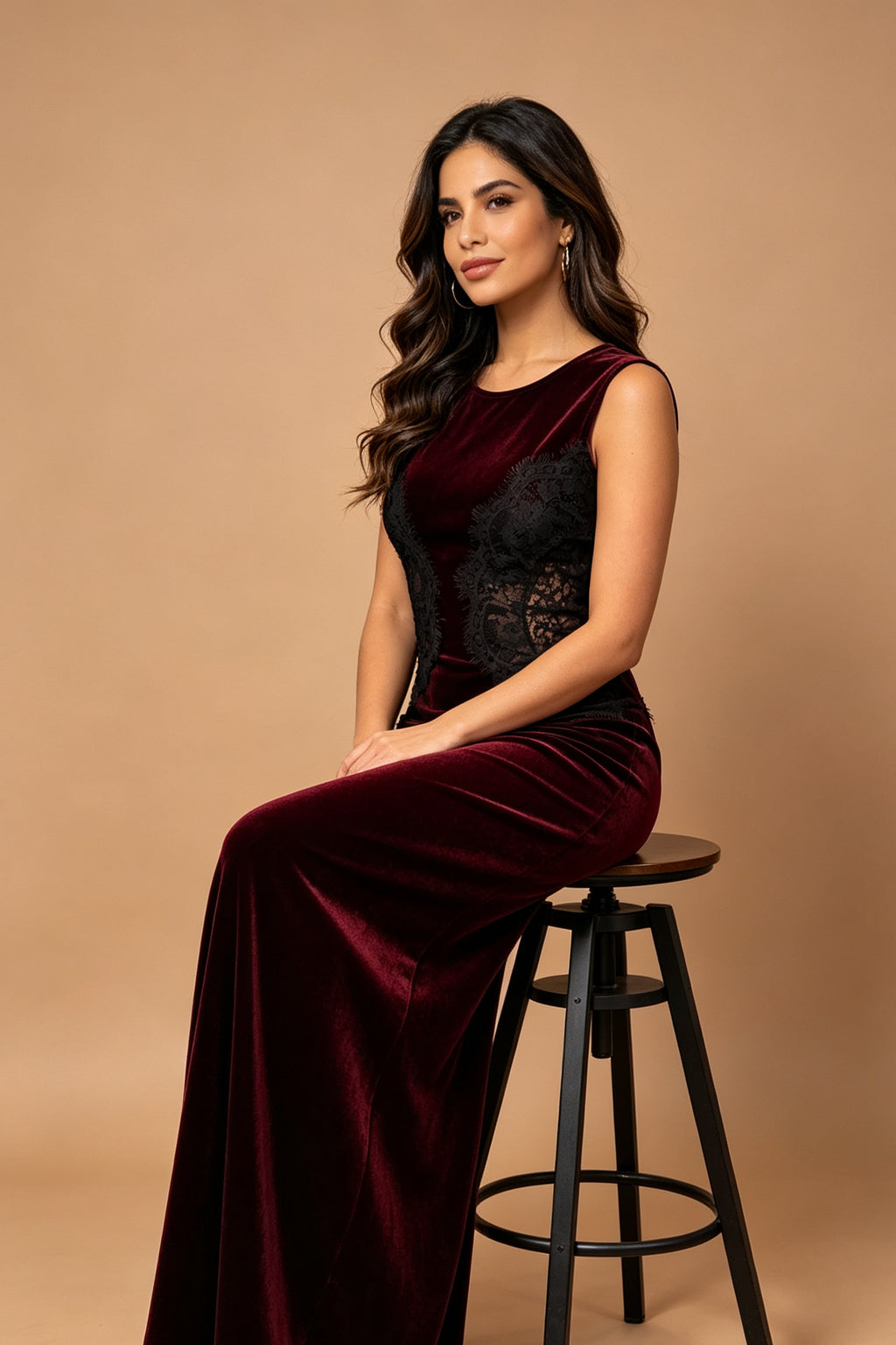 Q26 Velvet Lace-Inset Long Dress