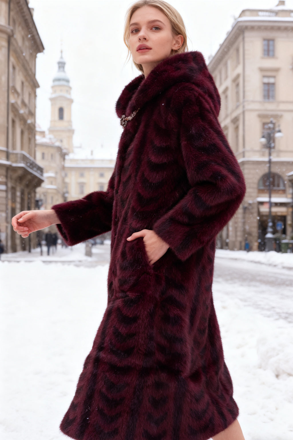 Q25 Long Hooded Vegan Fur Coat with Crystal Buckle