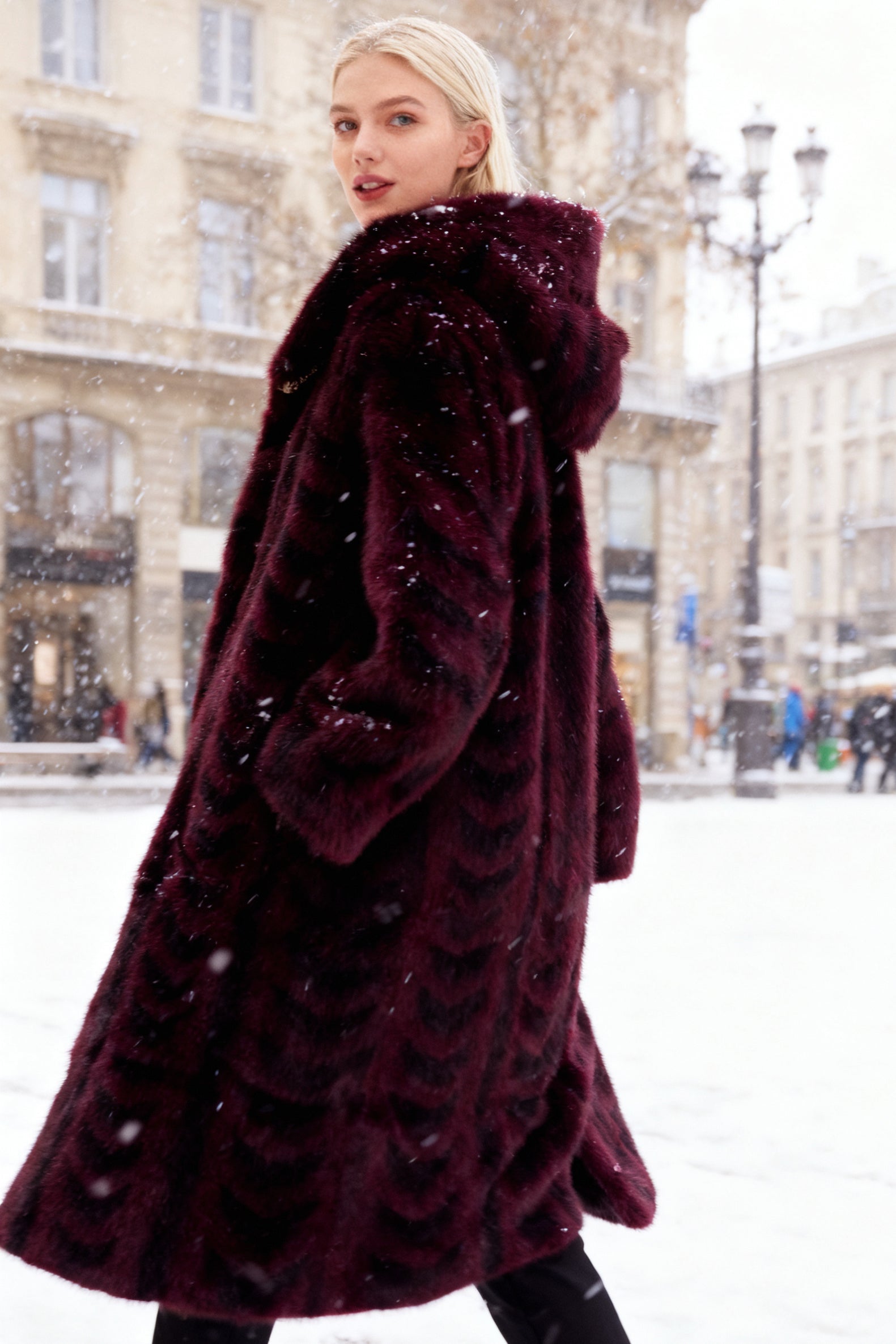 Q25 Long Hooded Vegan Fur Coat with Crystal Buckle