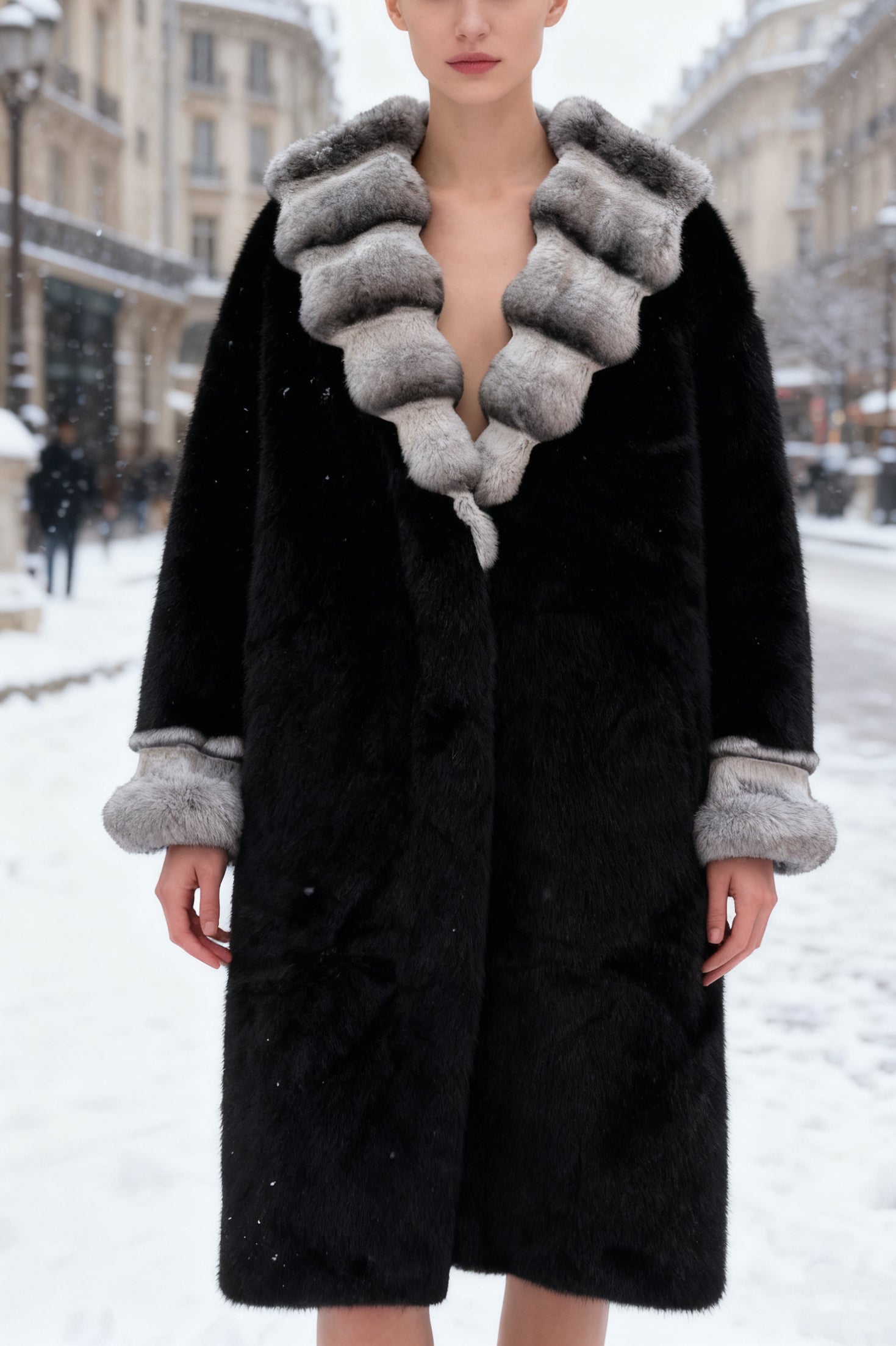 Q25 Two-Tone Vegan Fur Longline Coat