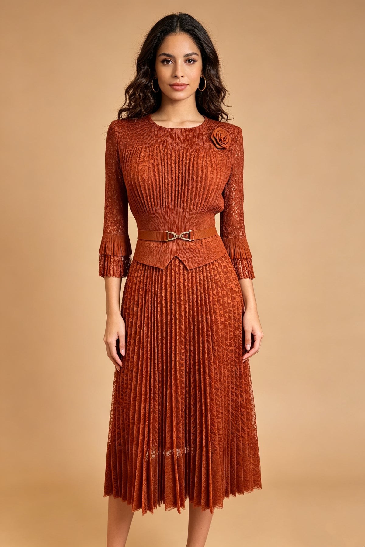 Q26 Pleated Lace Magic Dress with Half Sleeves