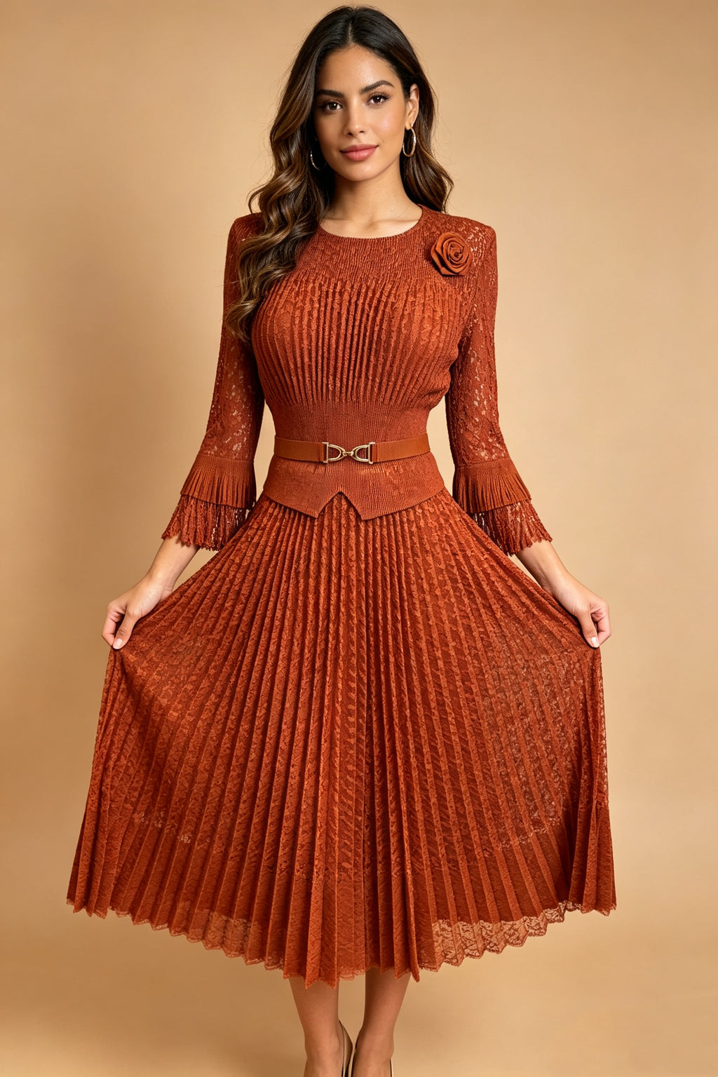 Q26 Pleated Lace Magic Dress with Half Sleeves