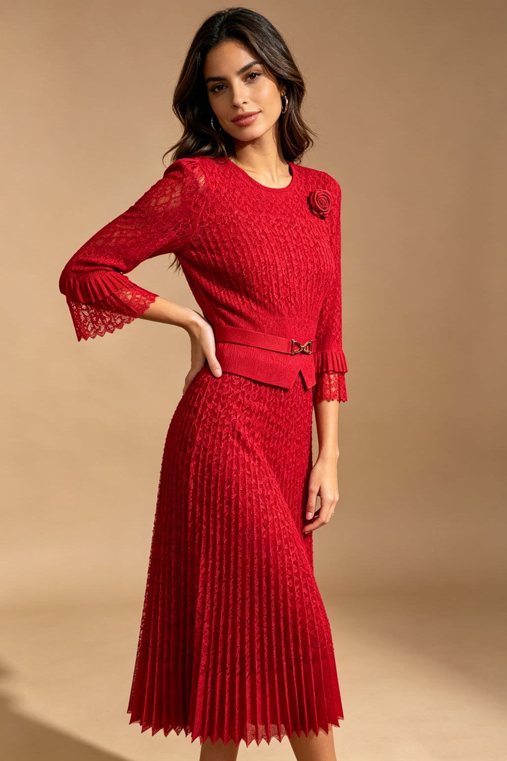 Q26 Pleated Lace Magic Dress with Half Sleeves
