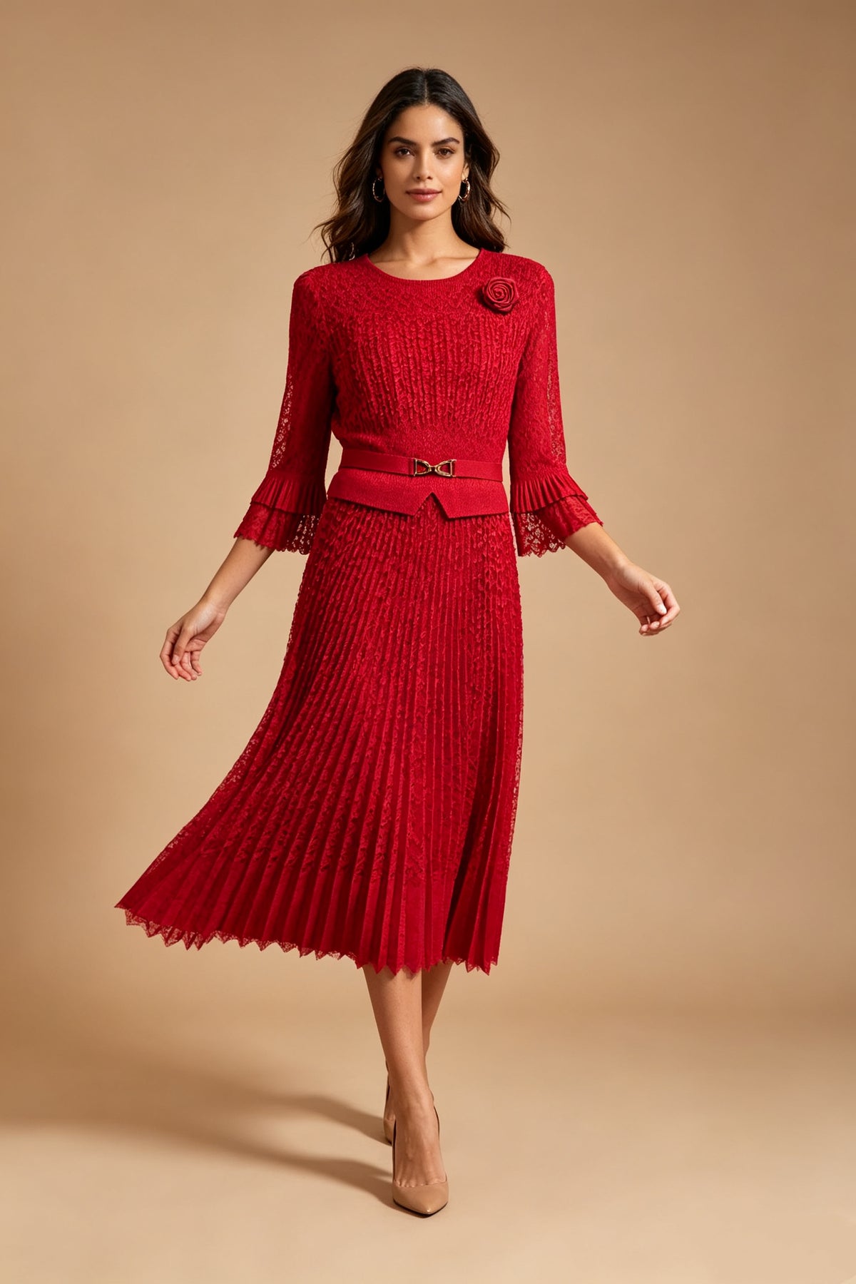 Q26 Pleated Lace Magic Dress with Half Sleeves
