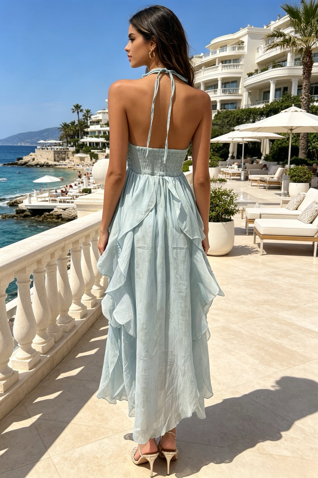 Q26 Coastal Ruffle Petal Long Dress