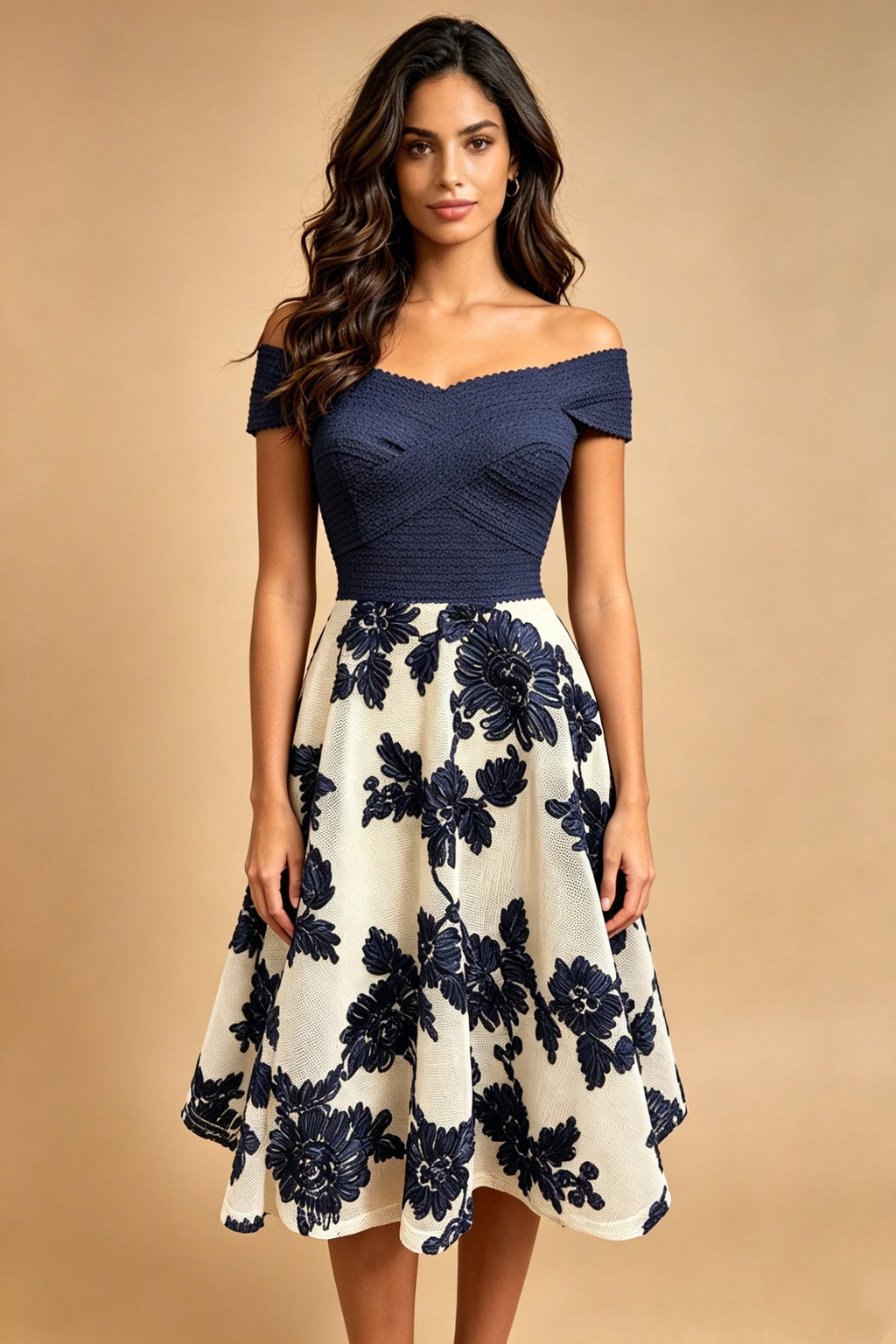 Q26 Off-Shoulder Floral Knee-Length Dress