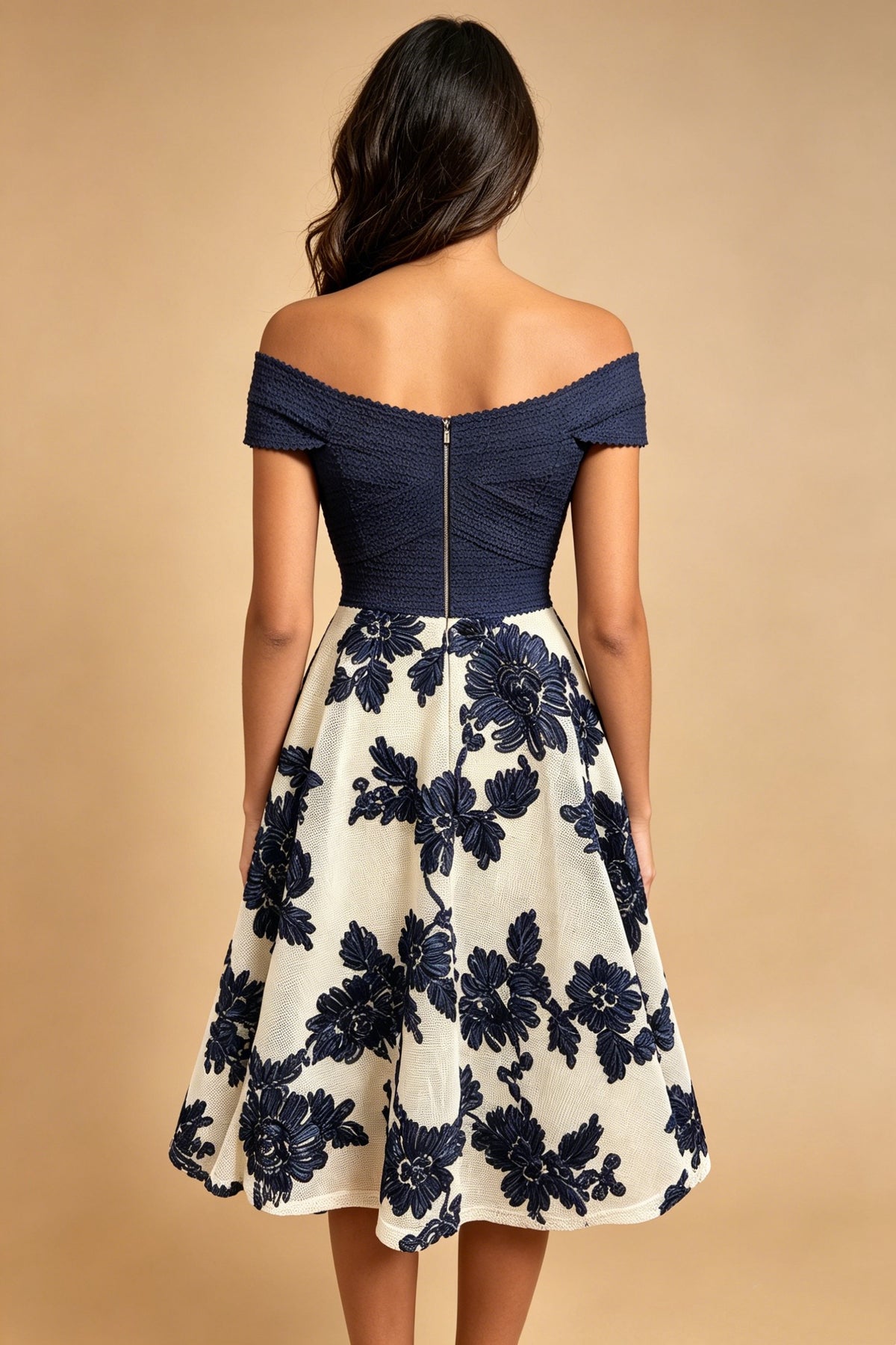 Q26 Off-Shoulder Floral Knee-Length Dress