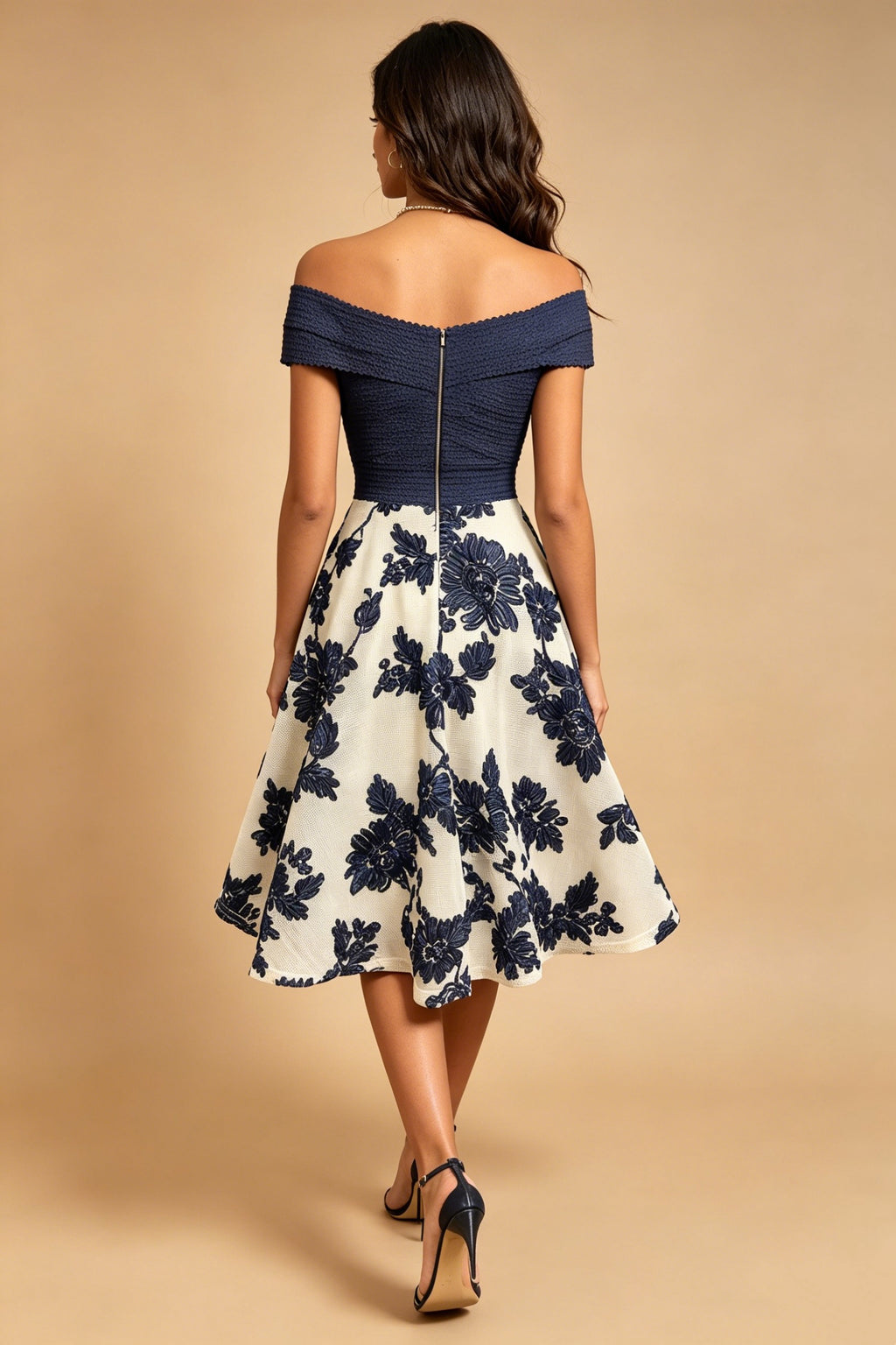 Q26 Off-Shoulder Floral Knee-Length Dress