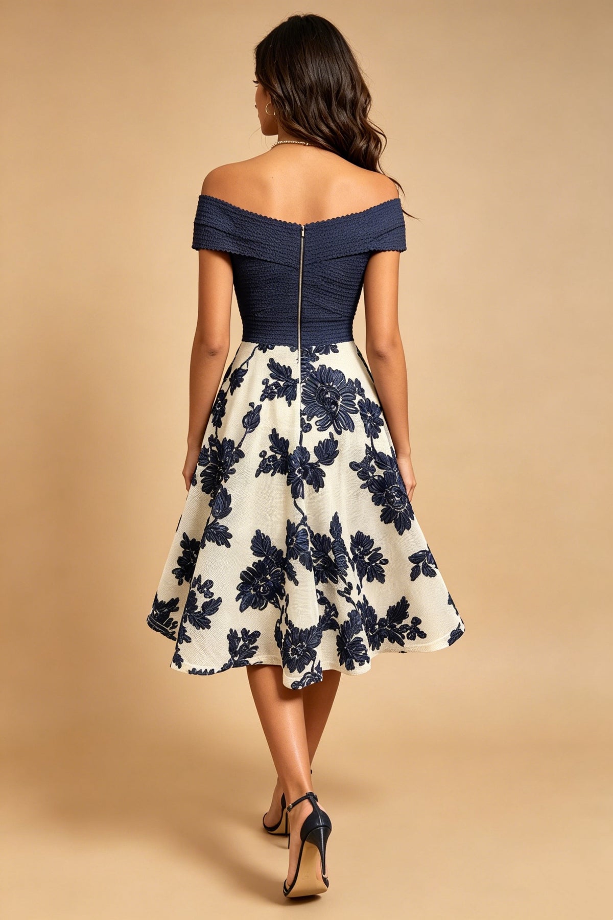Q26 Off-Shoulder Floral Knee-Length Dress