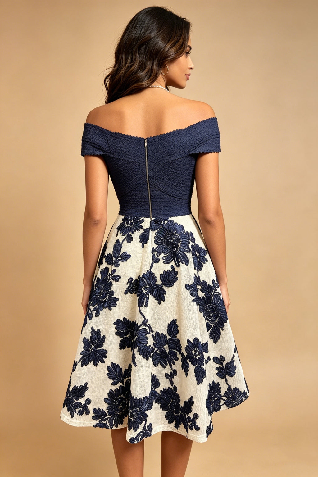 Q26 Off-Shoulder Floral Knee-Length Dress