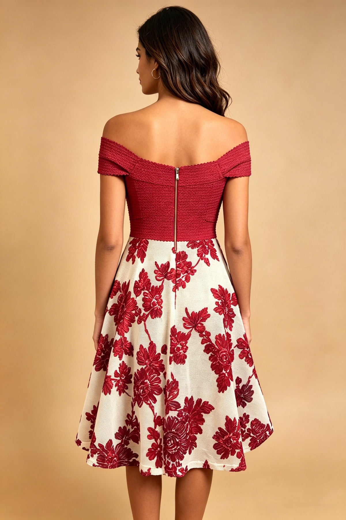 Q26 Off-Shoulder Floral Knee-Length Dress