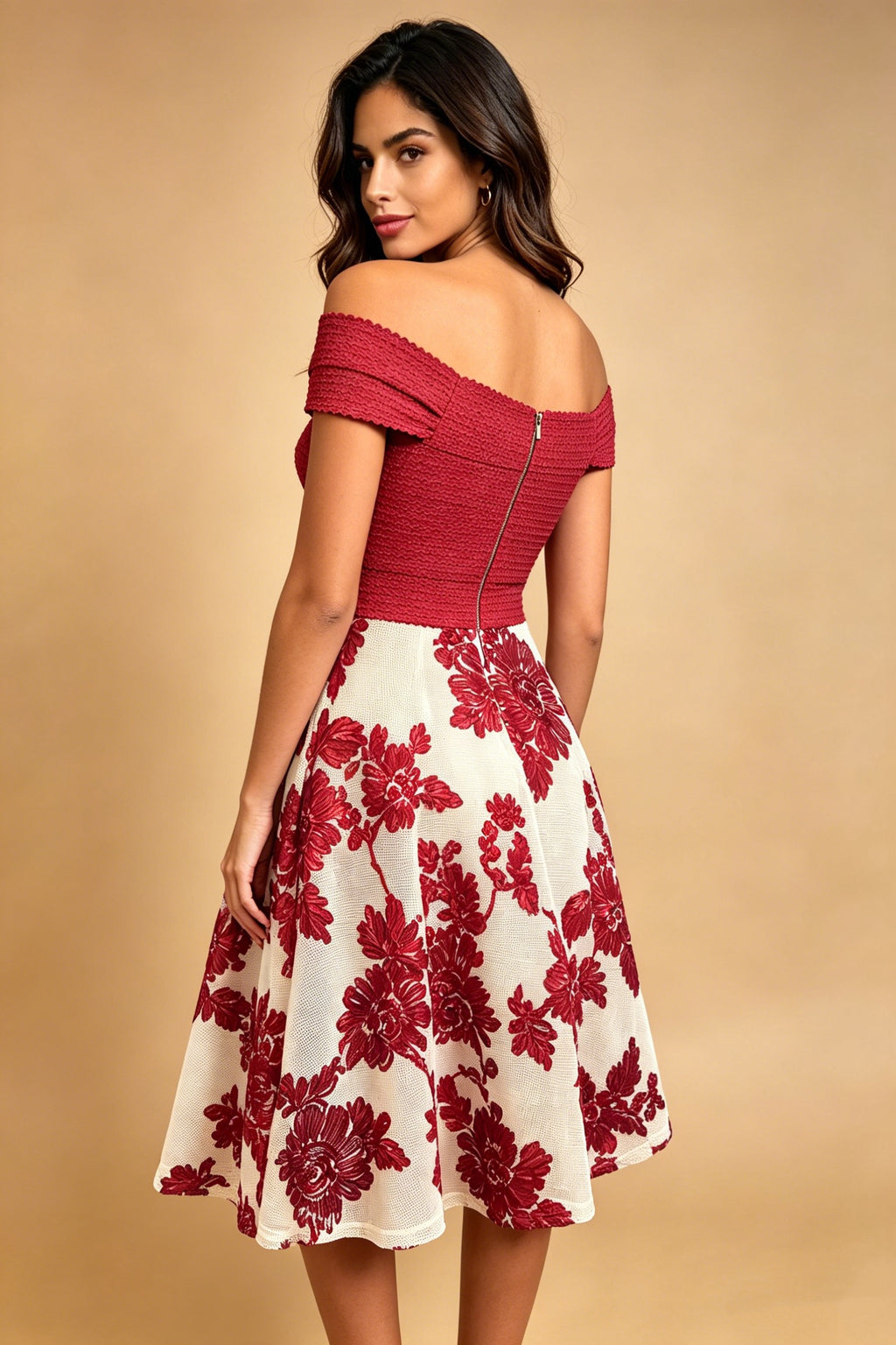 Q26 Off-Shoulder Floral Knee-Length Dress