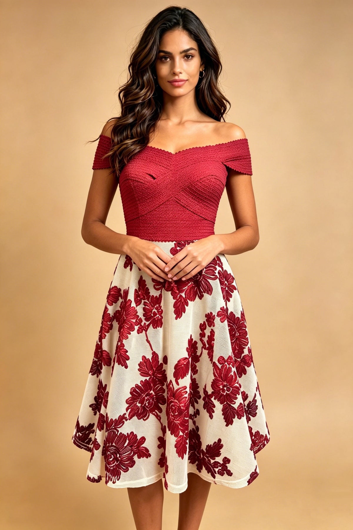 Q26 Off-Shoulder Floral Knee-Length Dress