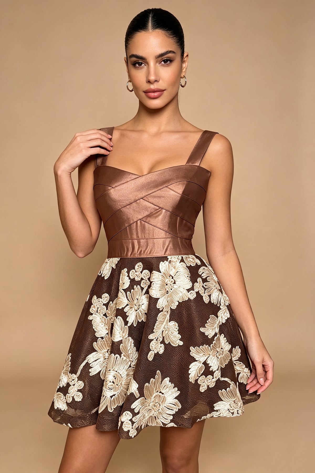 Q26 Satin Floral Embroidery Mini Dress