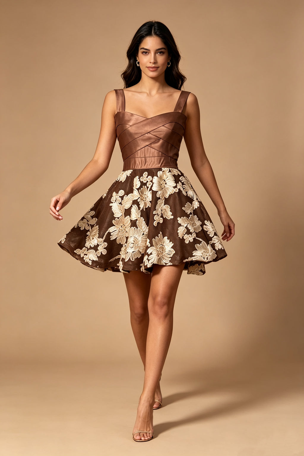 Q26 Satin Floral Embroidery Mini Dress