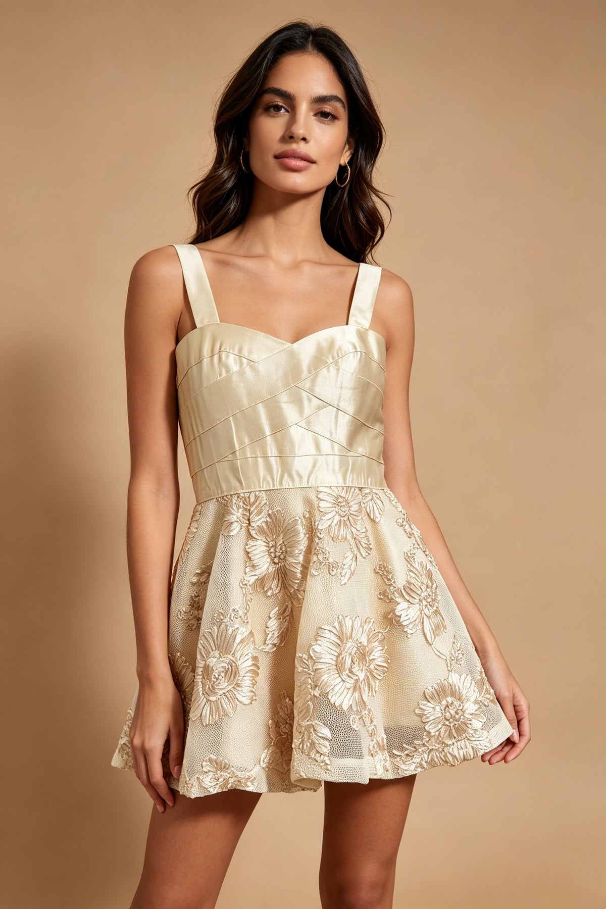 Q26 Satin Floral Embroidery Mini Dress