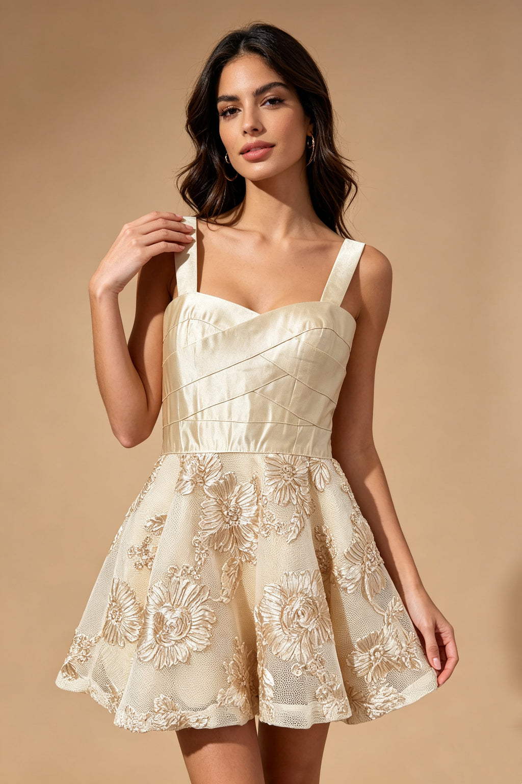Q26 Satin Floral Embroidery Mini Dress