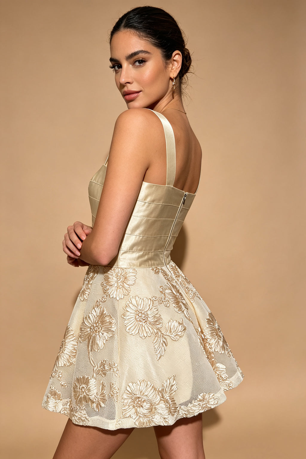 Q26 Satin Floral Embroidery Mini Dress