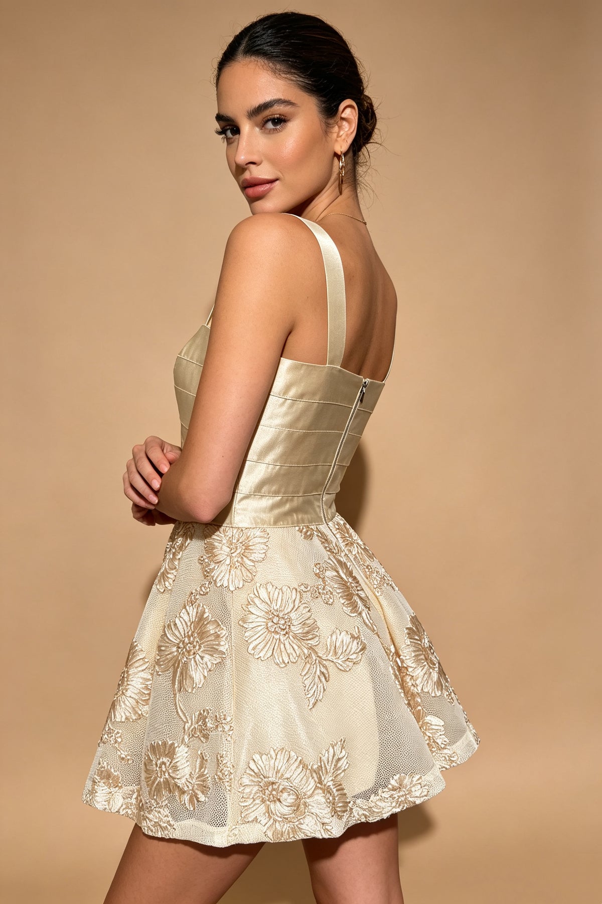 Q26 Satin Floral Embroidery Mini Dress