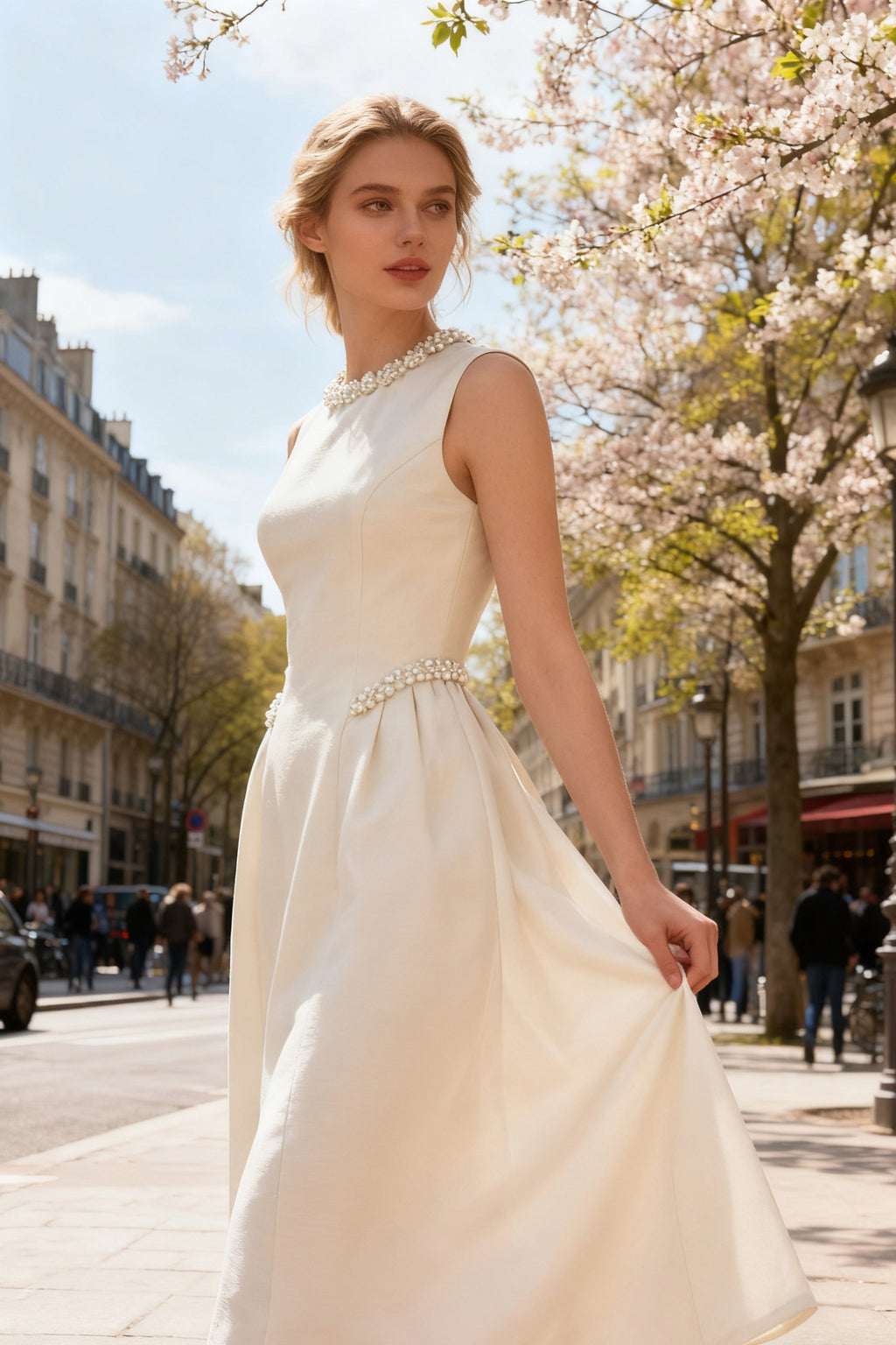 Q26 Pearl Embellished Neckline Midi Dress