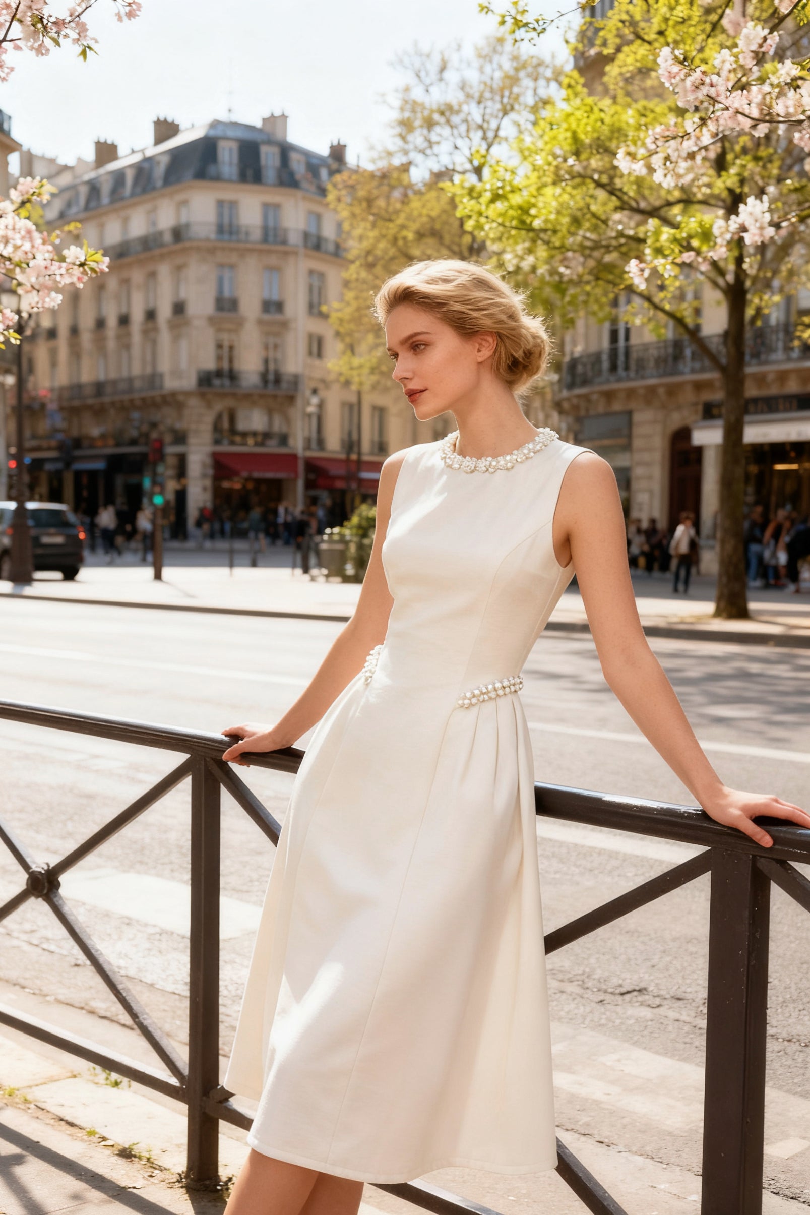 Q26 Pearl Embellished Neckline Midi Dress