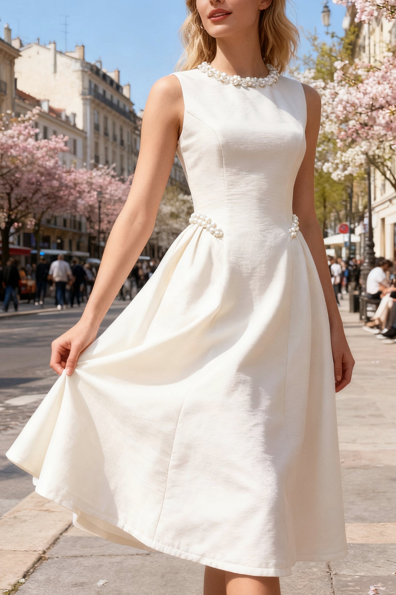 Q26 Pearl Embellished Neckline Midi Dress