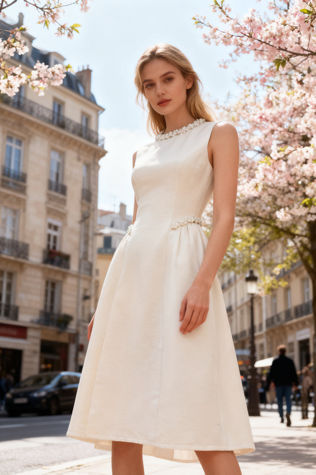 Q26 Pearl Embellished Neckline Midi Dress