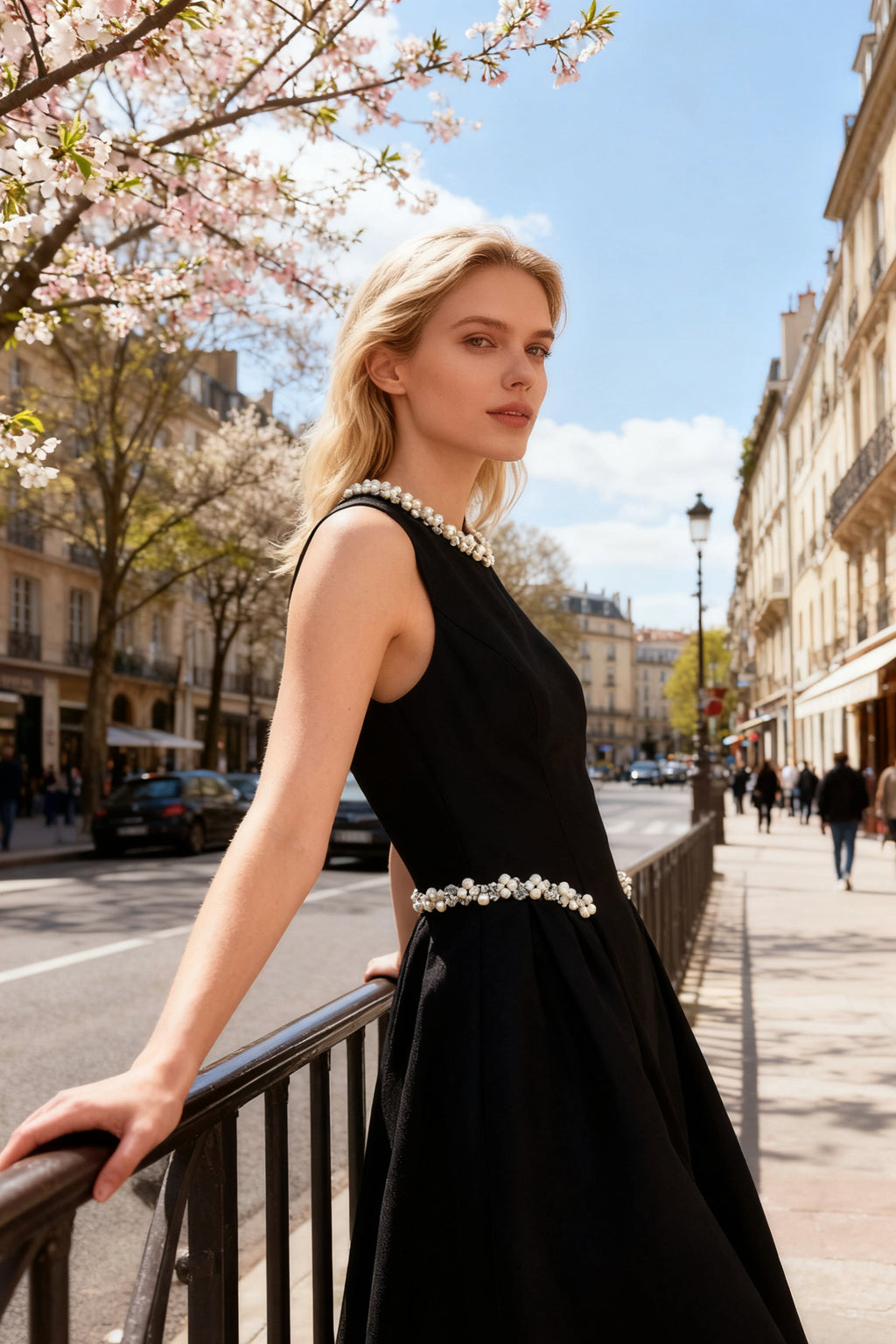 Q26 Pearl Embellished Neckline Midi Dress