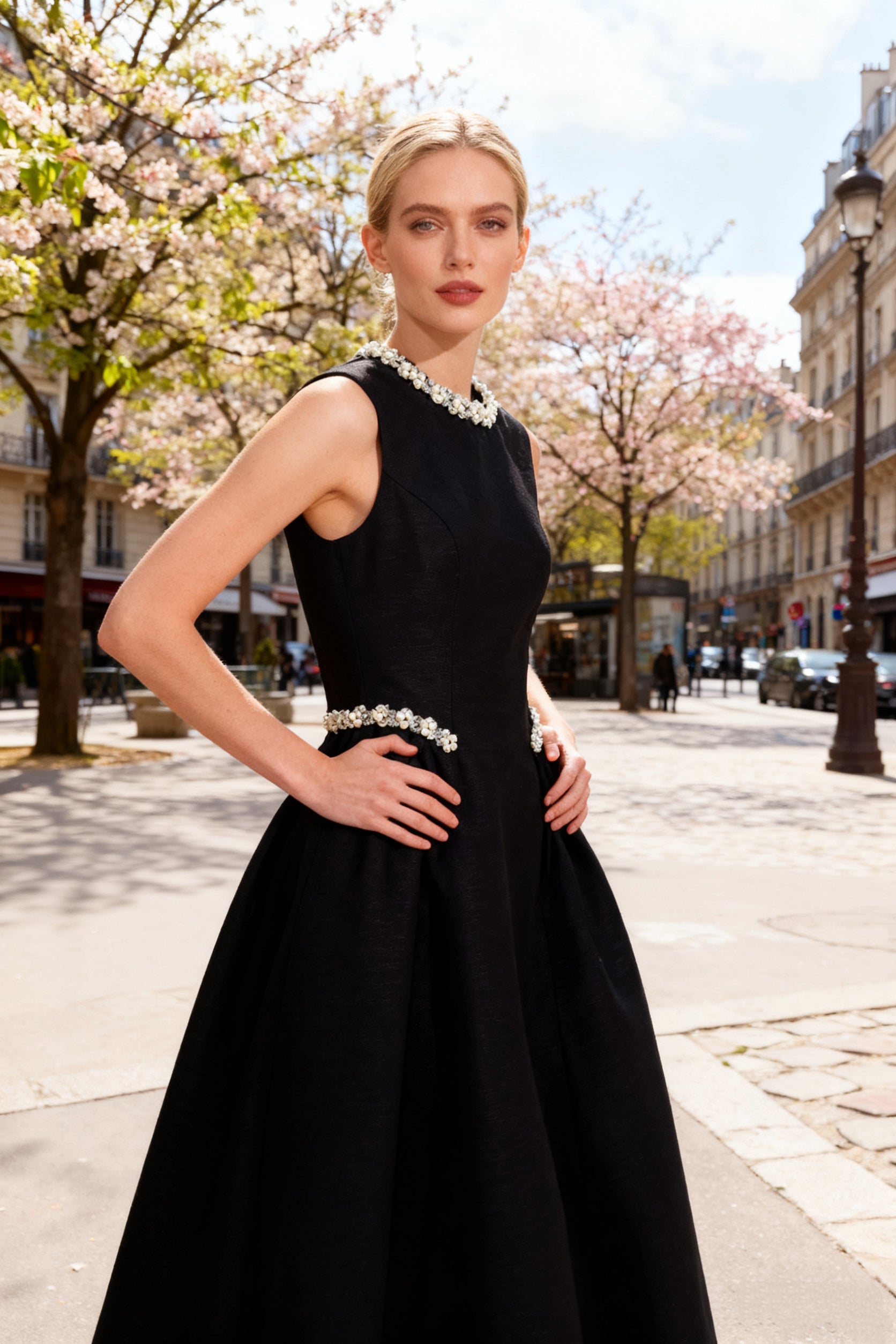 Q26 Pearl Embellished Neckline Midi Dress