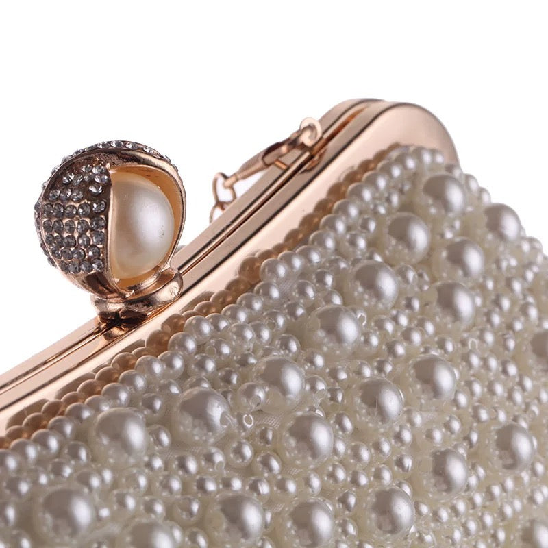 Pearl-Embellished Trapezoidal Clutch