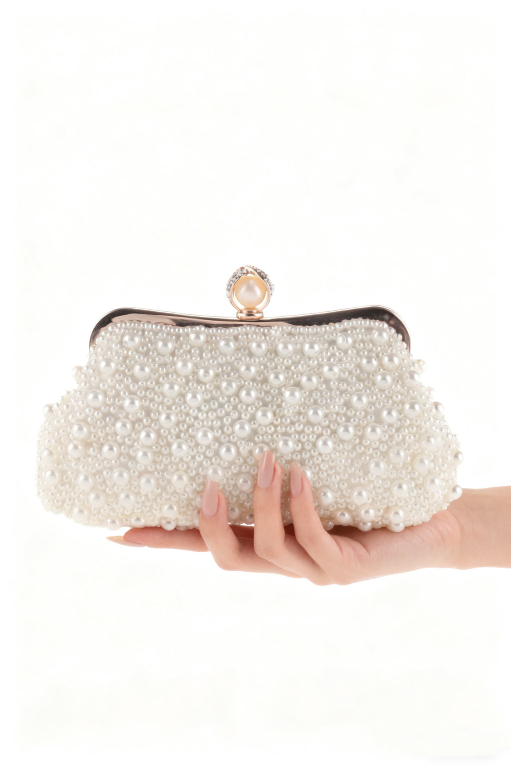 Pearl-Embellished Trapezoidal Clutch