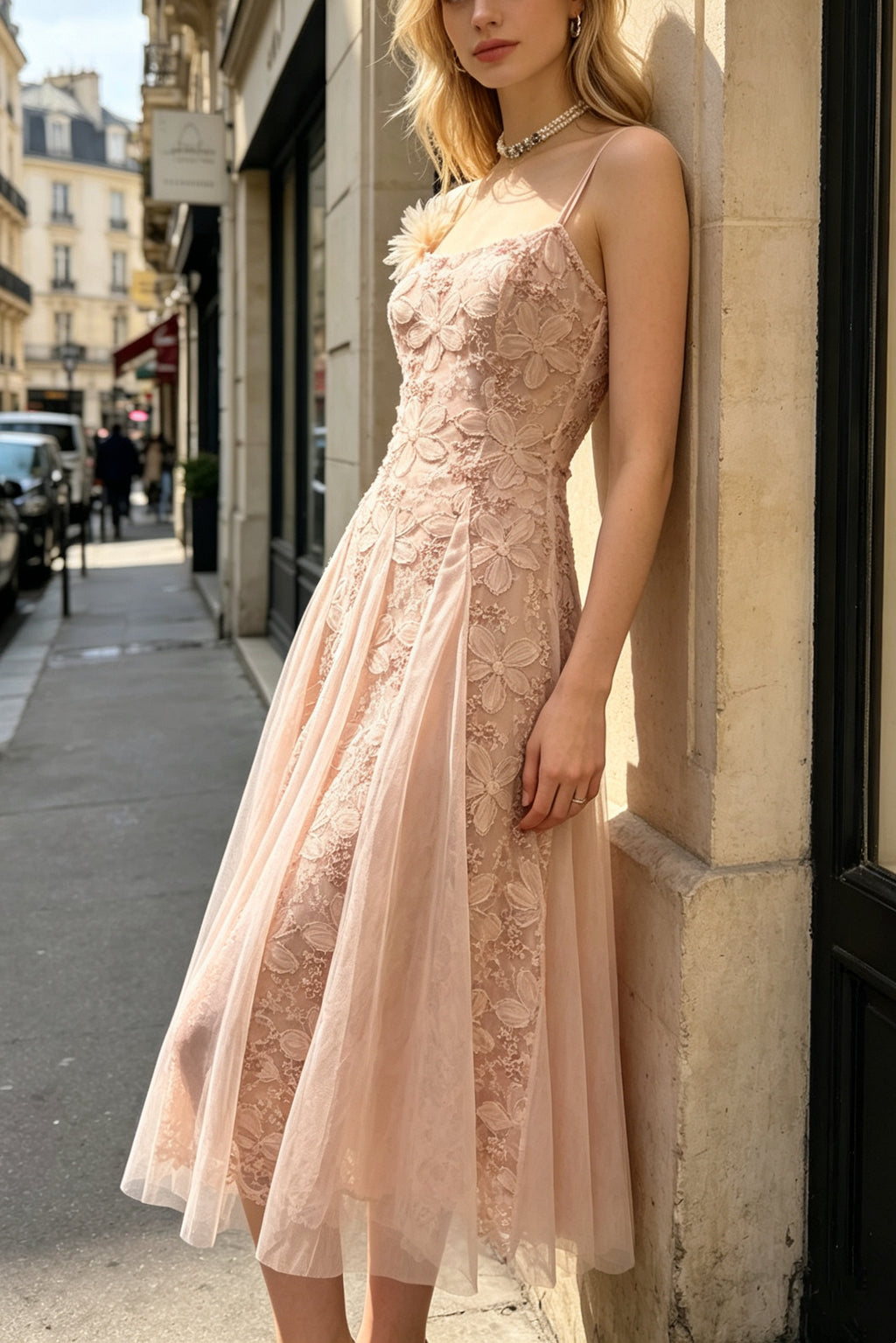Q26 Blush Lace Tie-Back Dress