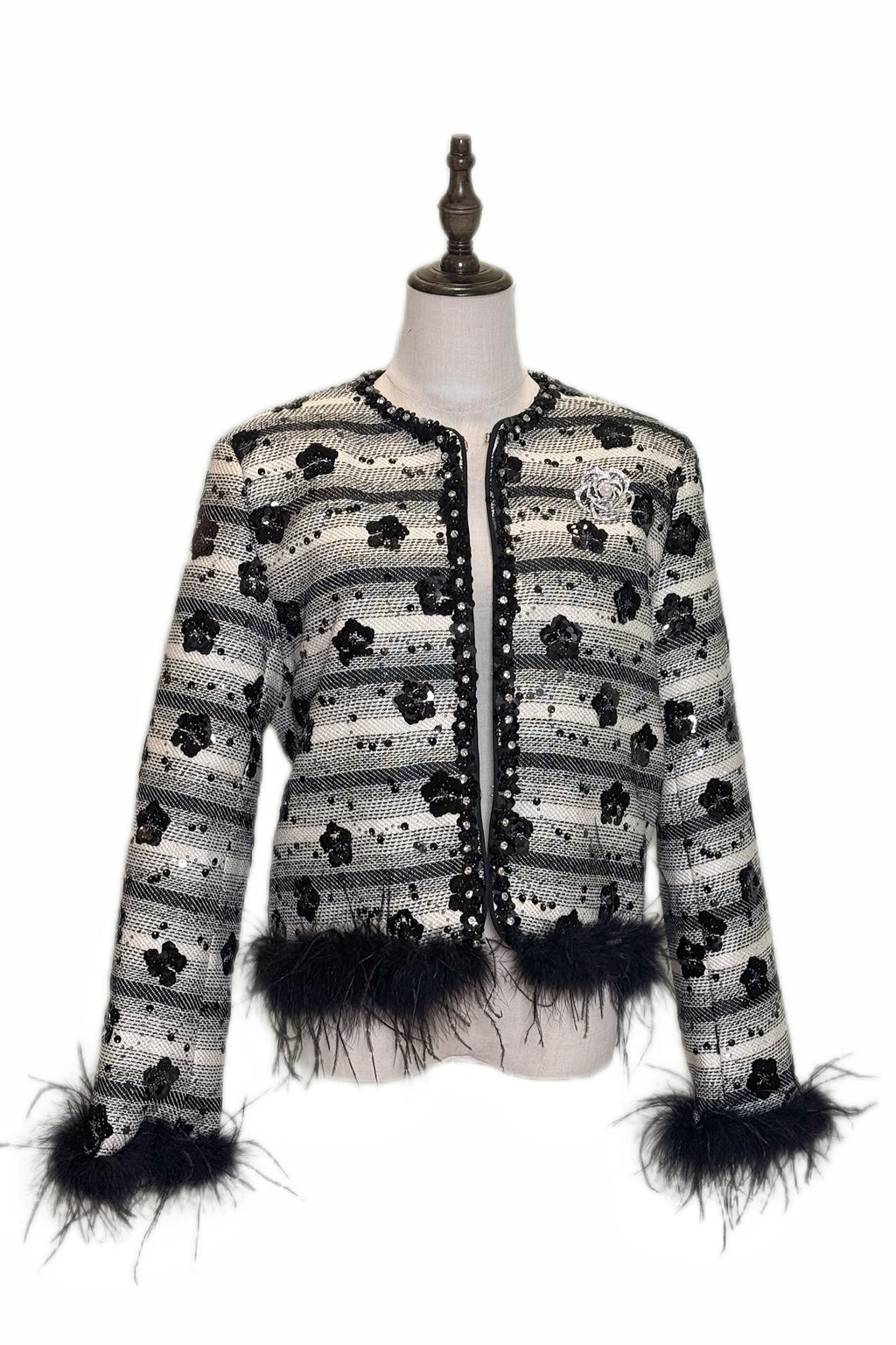 Q25 Sequin Tweed Jacket with Feather Trim