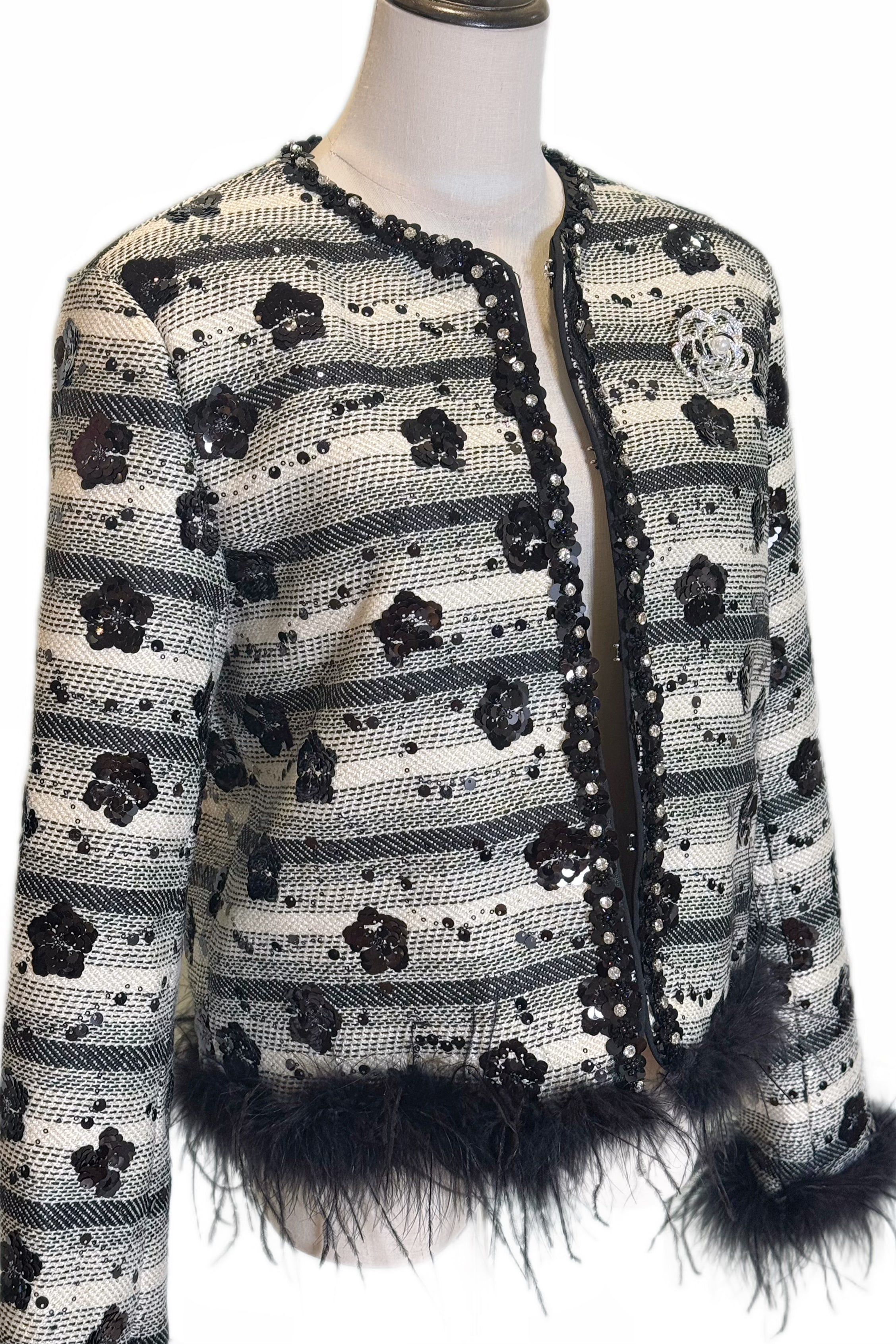 Q25 Sequin Tweed Jacket with Feather Trim