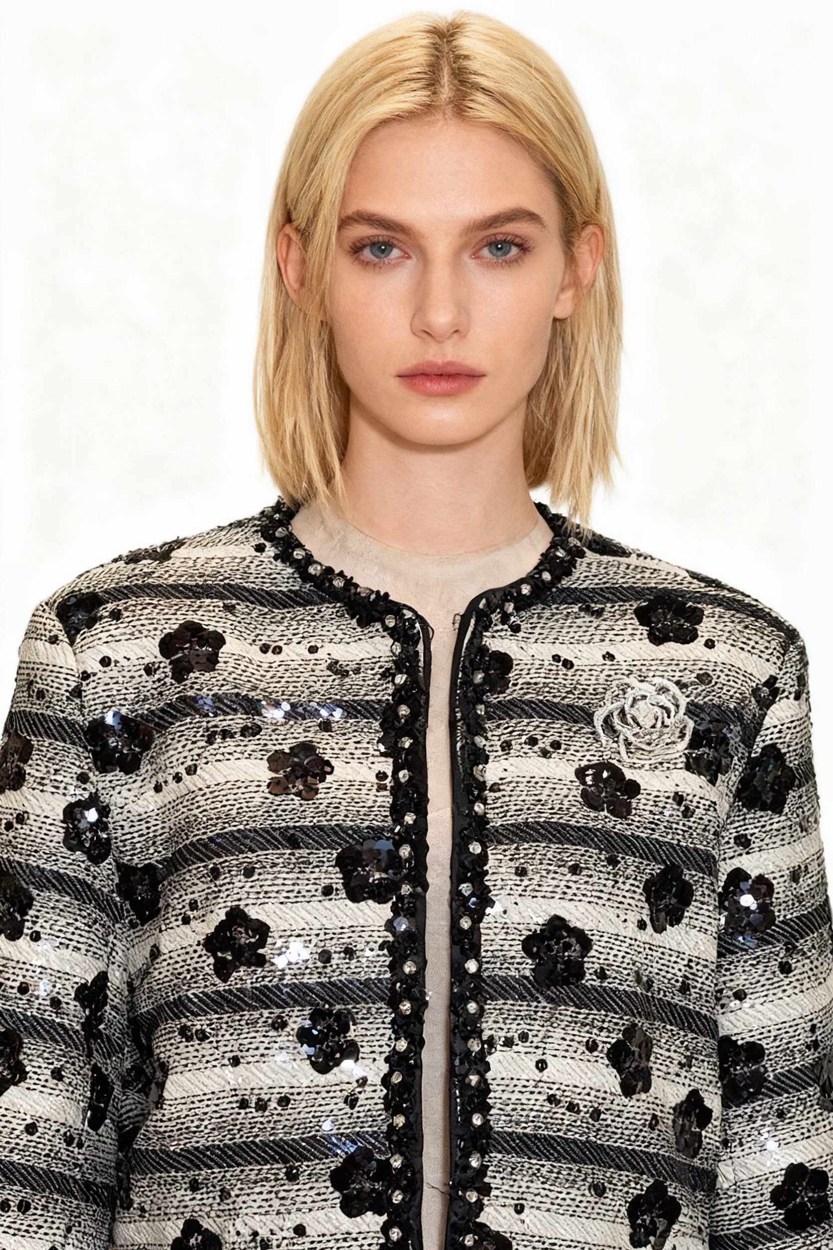 Q25 Sequin Tweed Jacket with Feather Trim