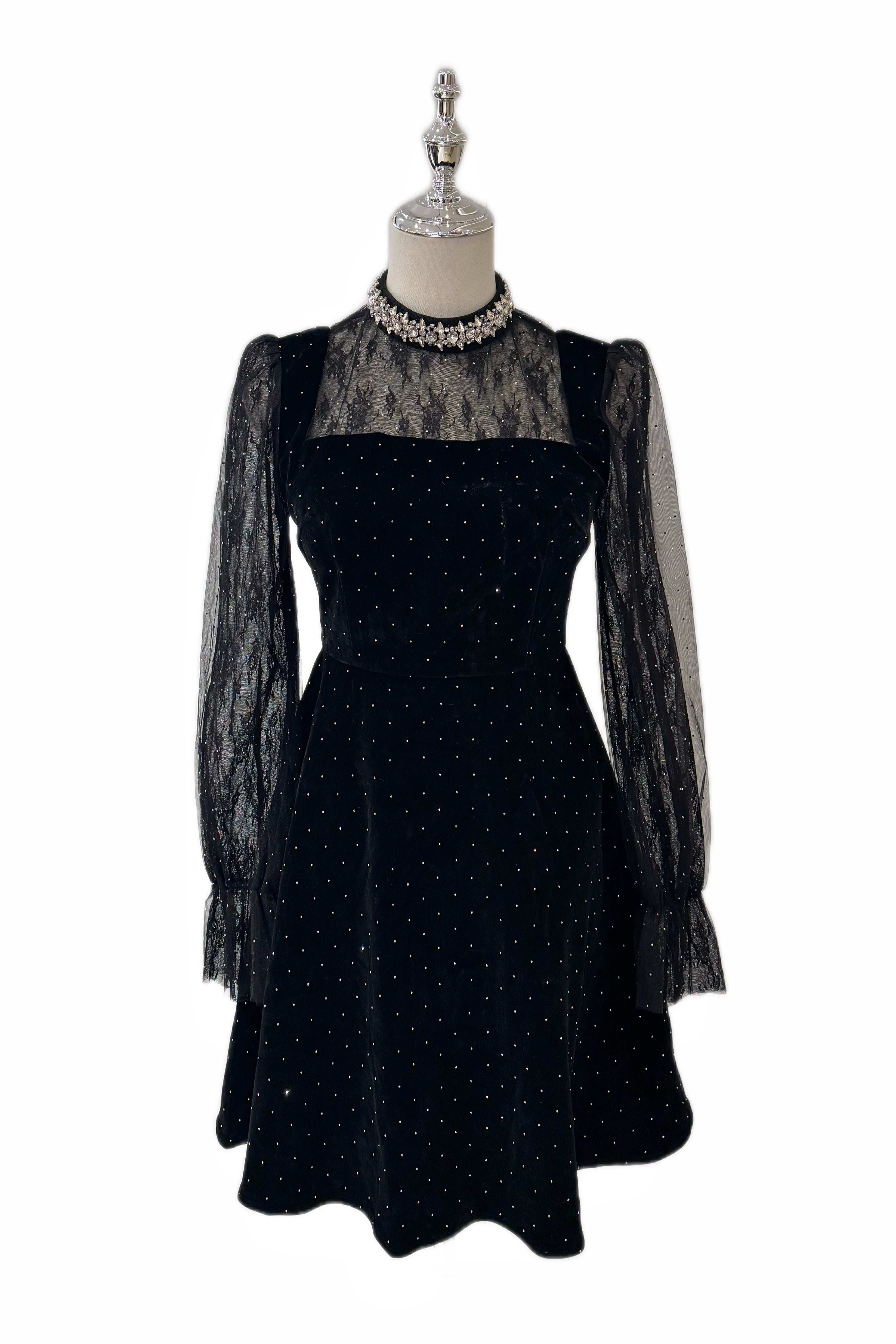 Q25 Black Velvet Lace Sleeve Dress