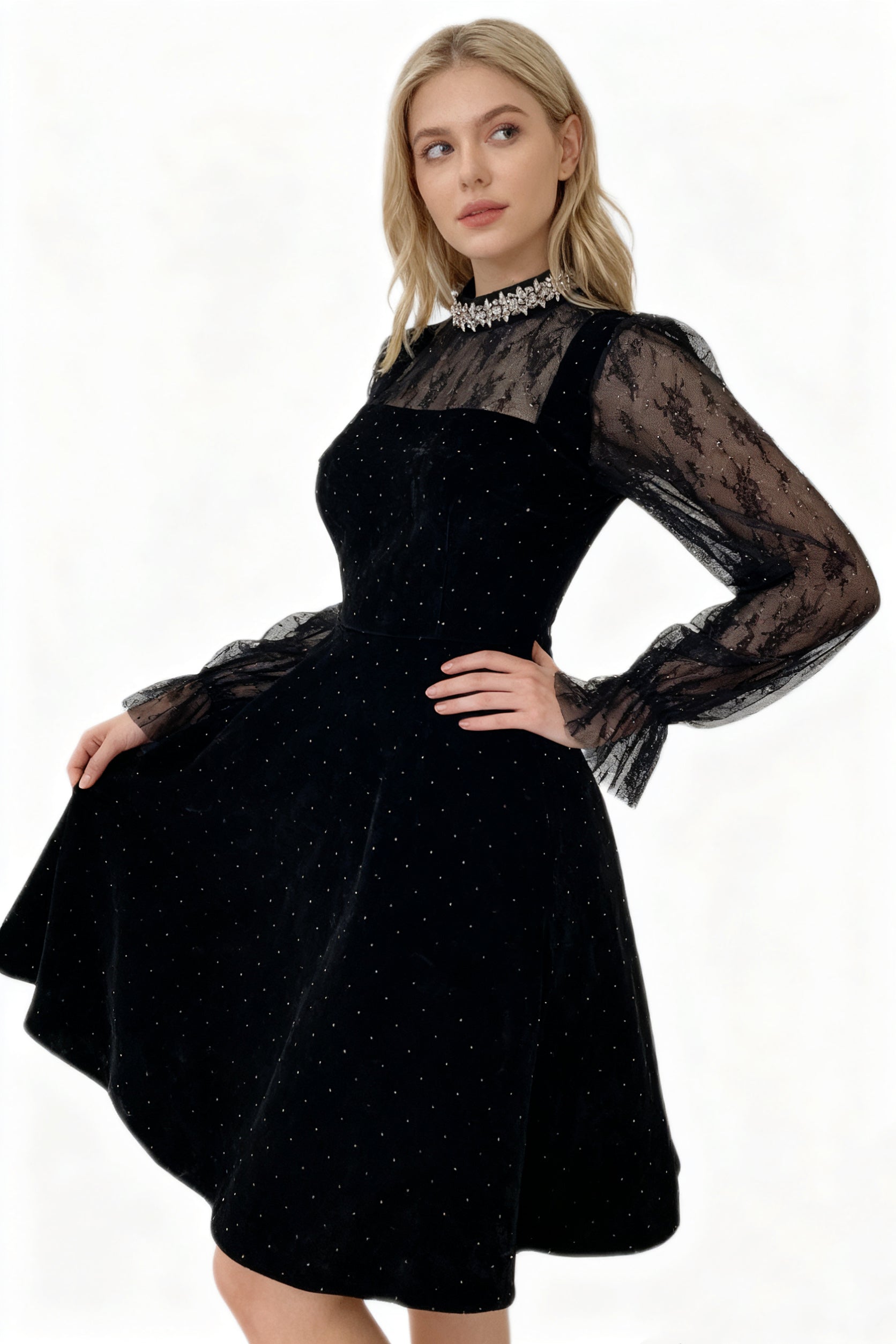 Q25 Black Velvet Lace Sleeve Dress