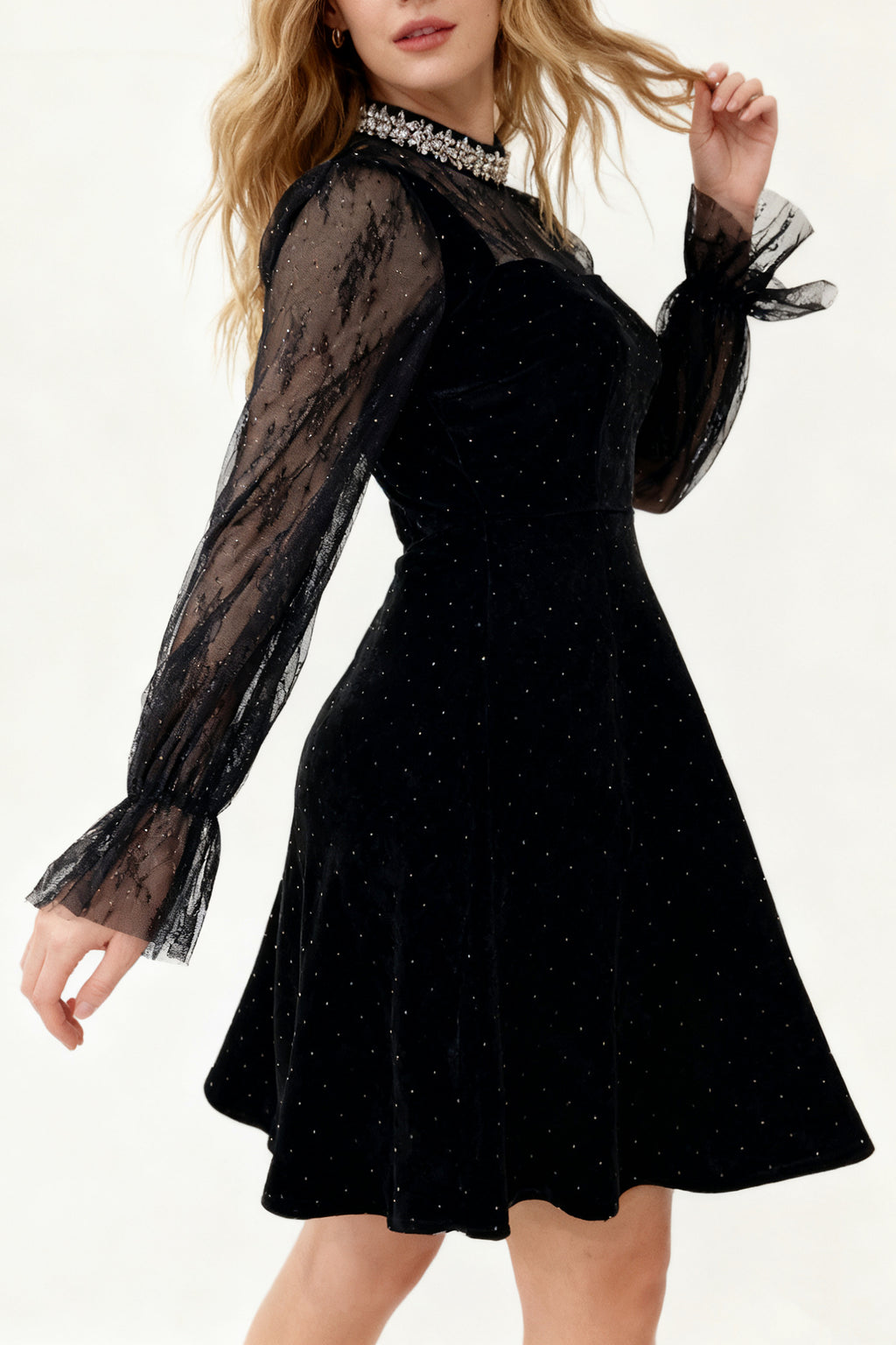 Q25 Velvet Lace Sleeve Dress