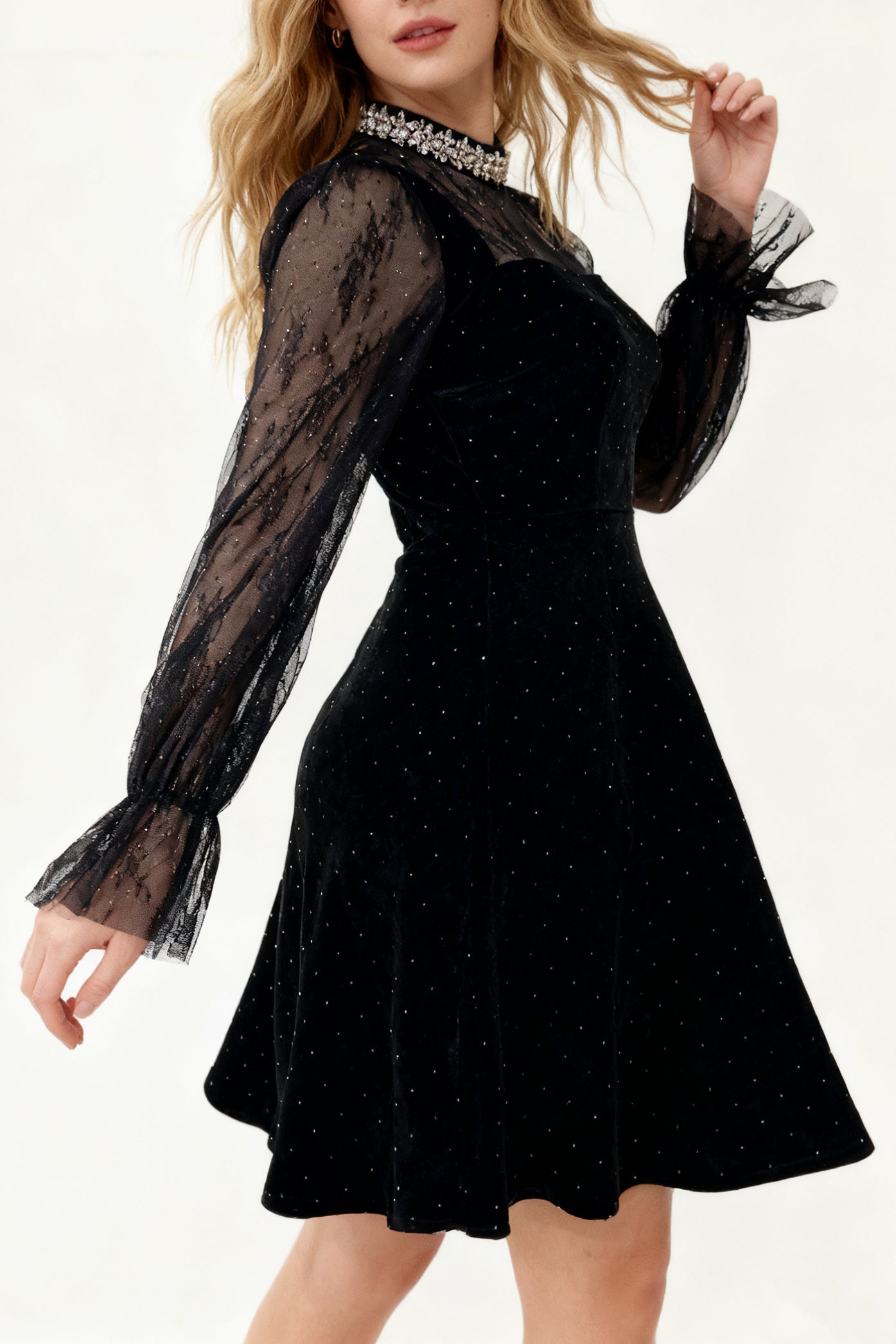 Q25 Black Velvet Lace Sleeve Dress