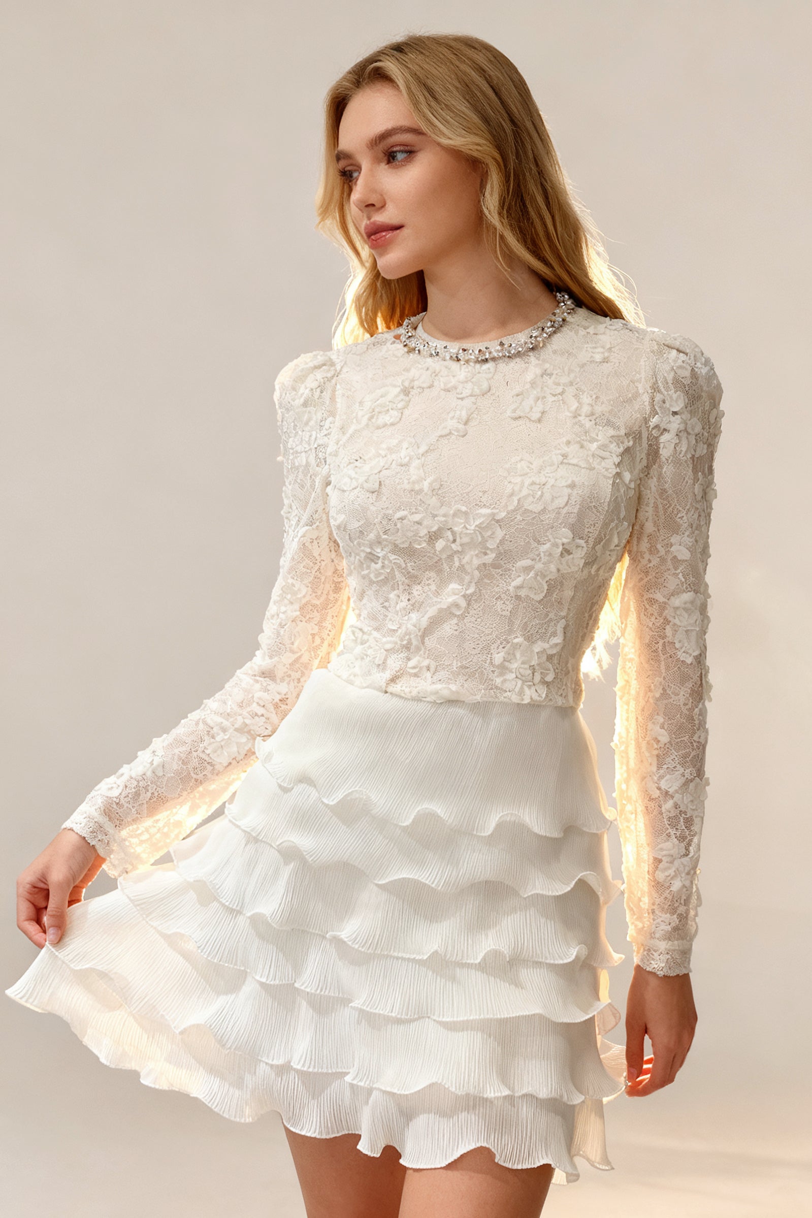 Q25 Cream Lace & Ruffle Layer Dress