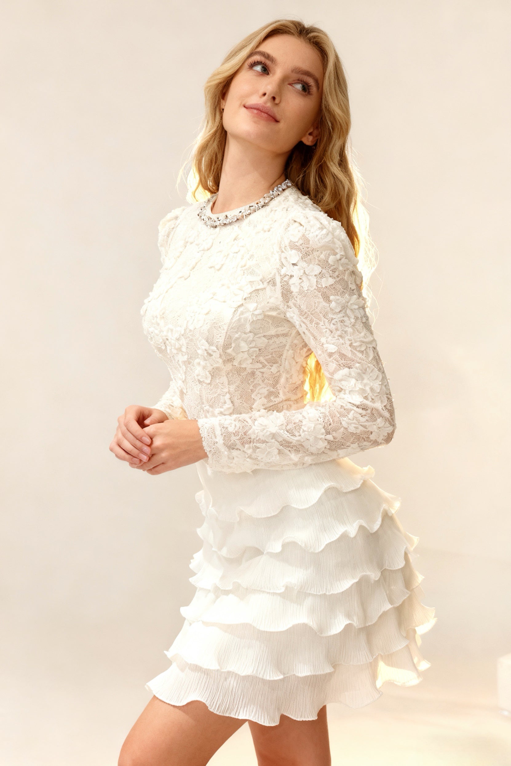 Q25 Cream Lace & Ruffle Layer Dress