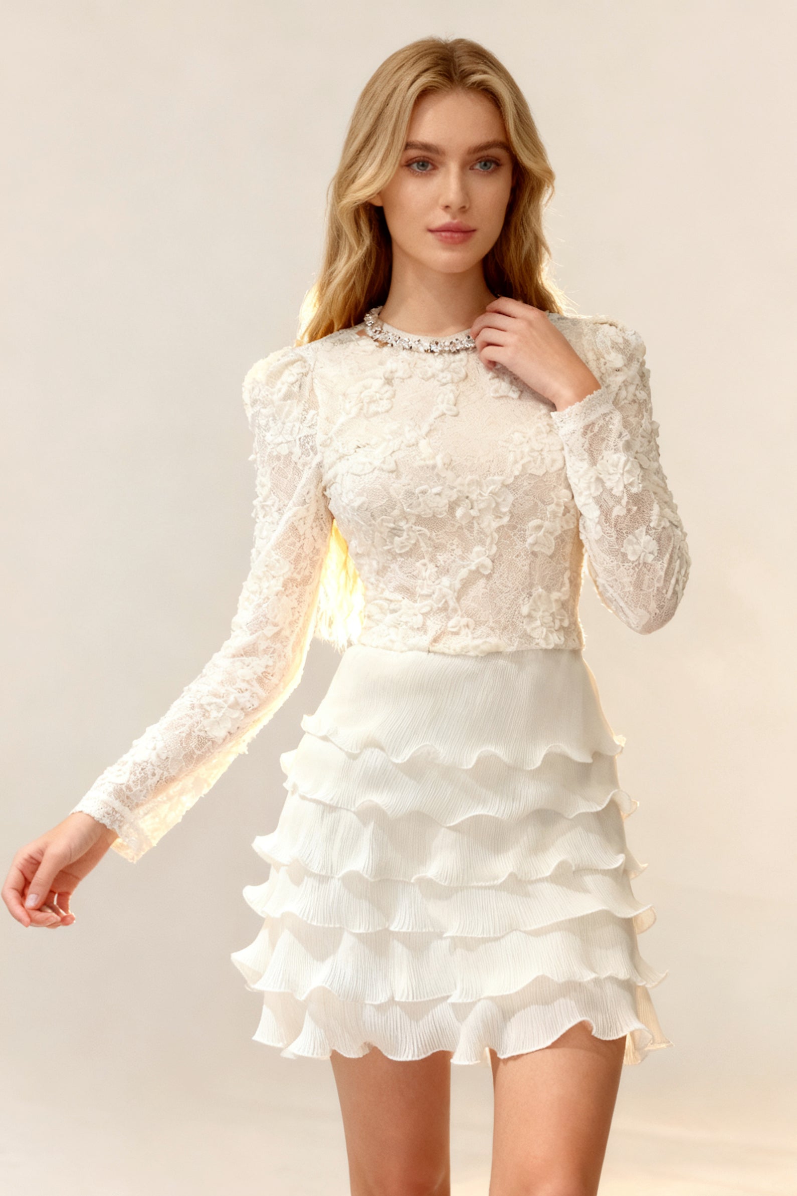 Q25 Cream Lace & Ruffle Layer Dress