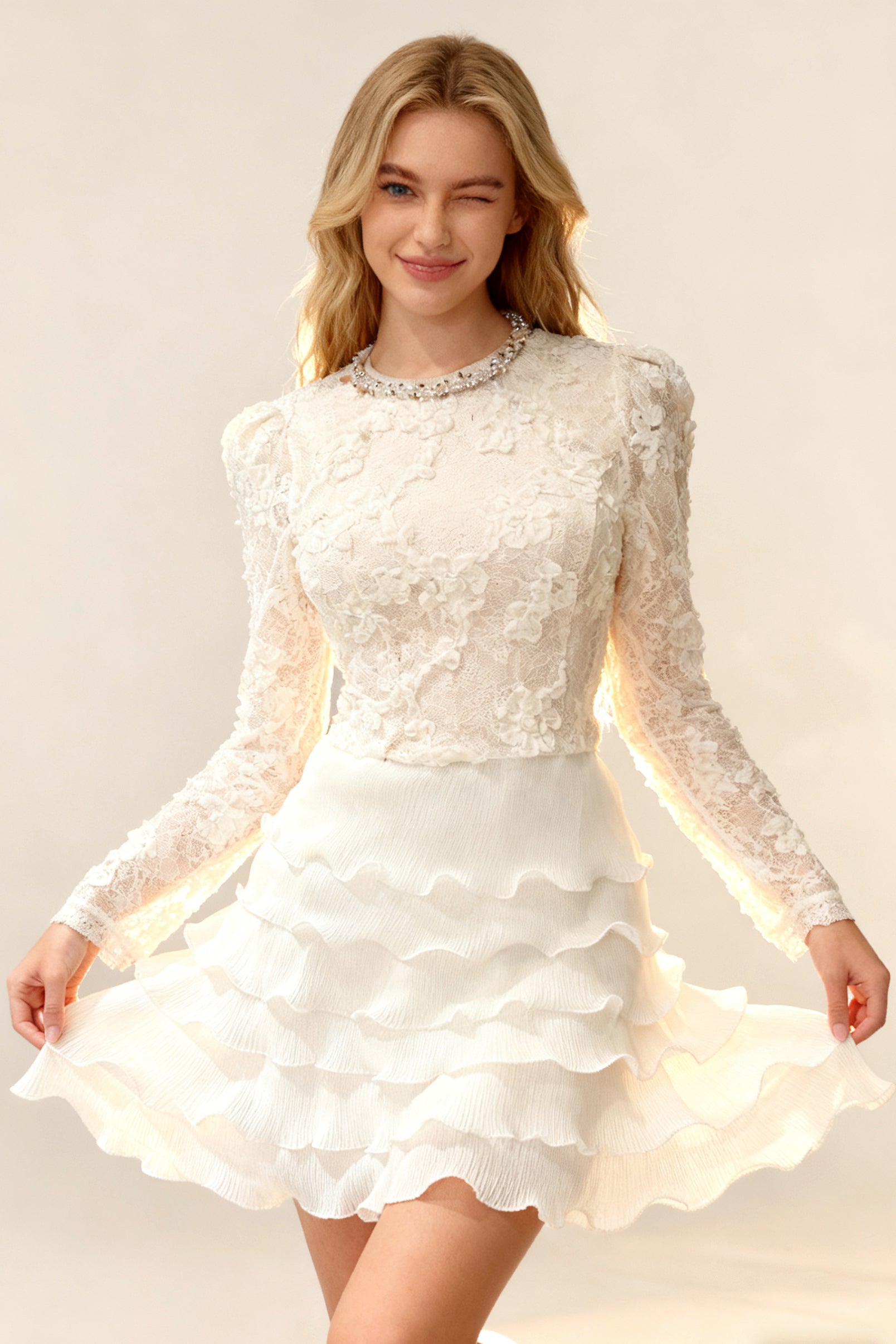 Q25 Cream Lace & Ruffle Layer Dress
