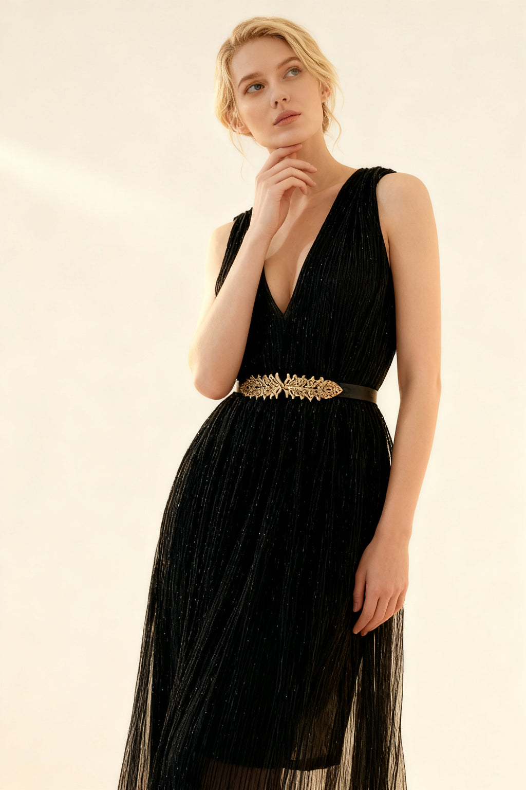 Q25 Sparkle V-Neck Gown with Belt