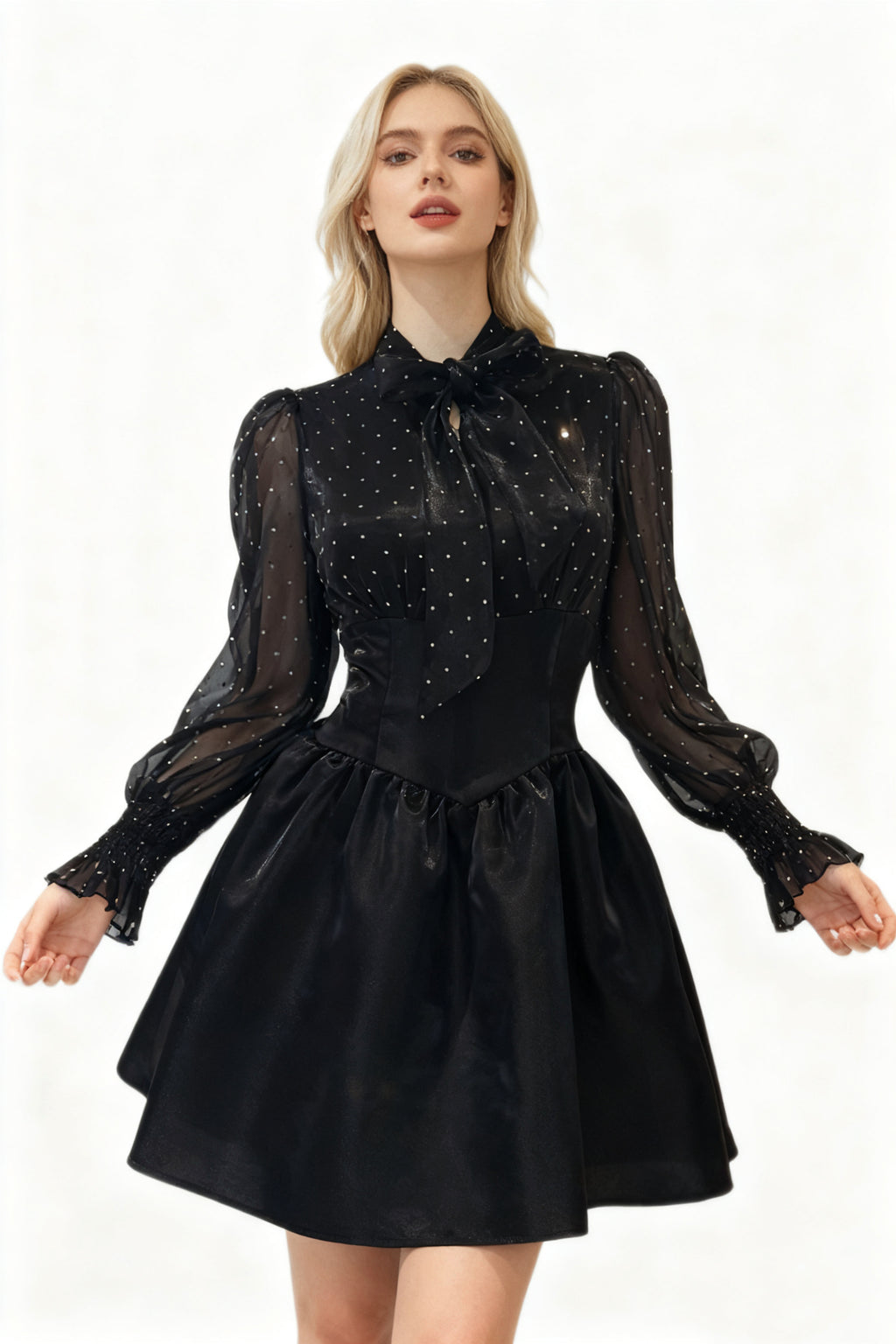 Q25 Polka-Dot Bowtie Short Dress